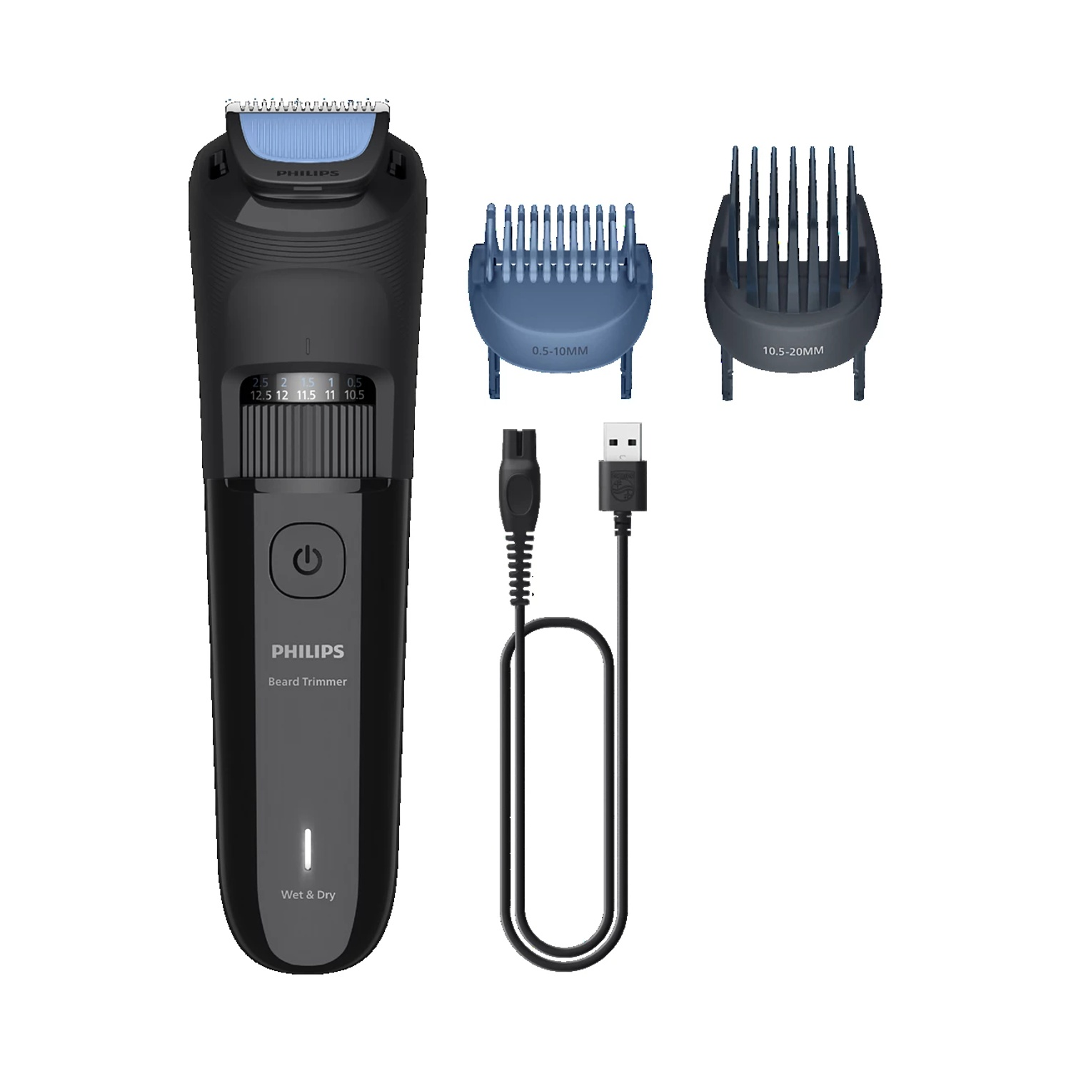 Regolabarba Philips nero con cavo di ricarica e due pettini.