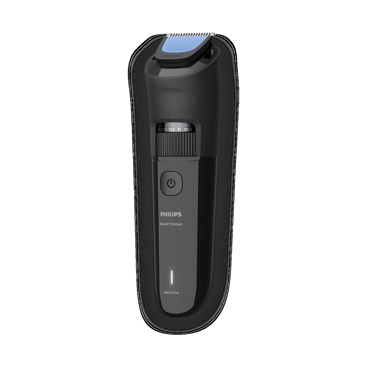 Un rifinitore per barba Philips nero con testina di taglio blu e indicatore.