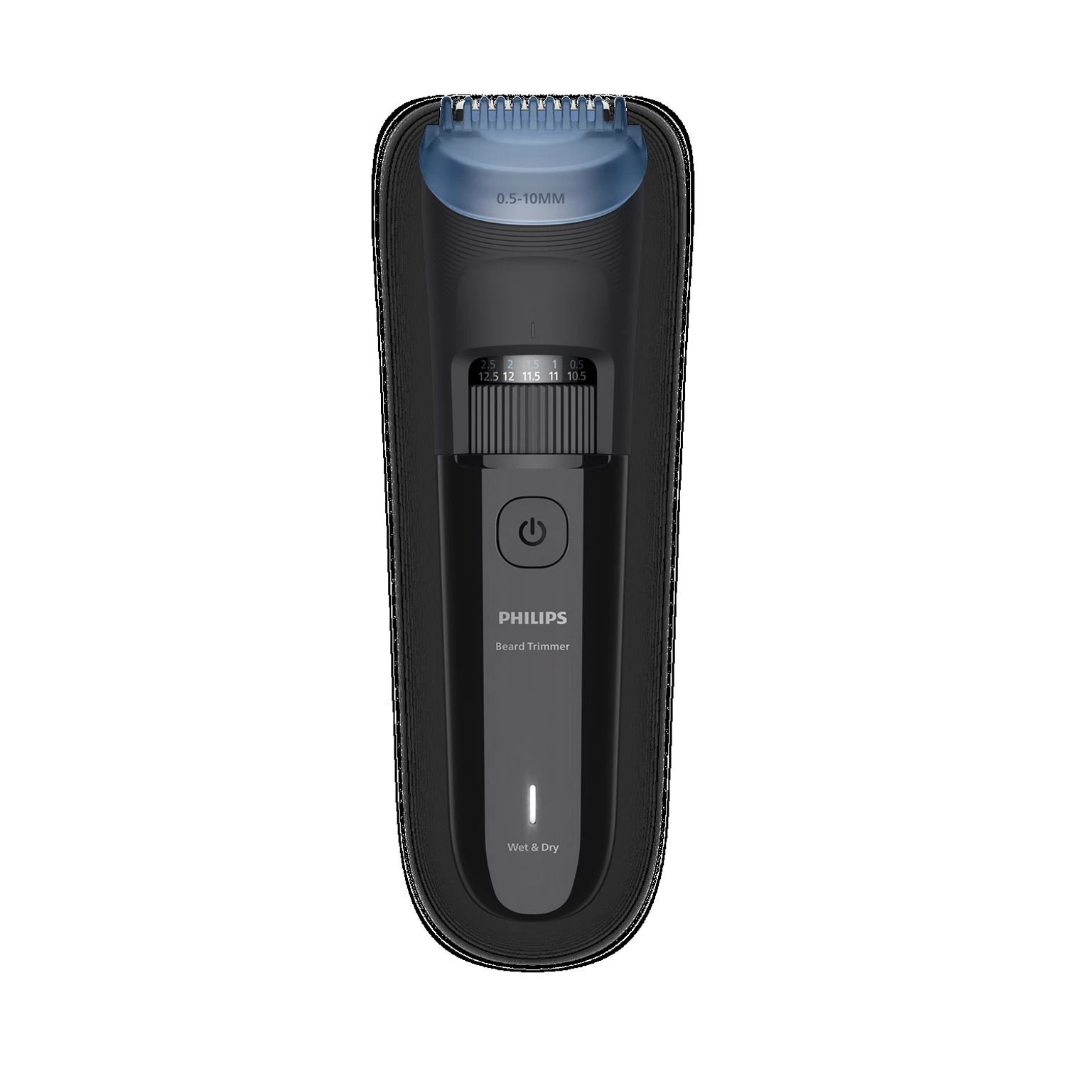Un rifinitore per barba Philips nero con accessorio blu e ghiera di regolazione.
