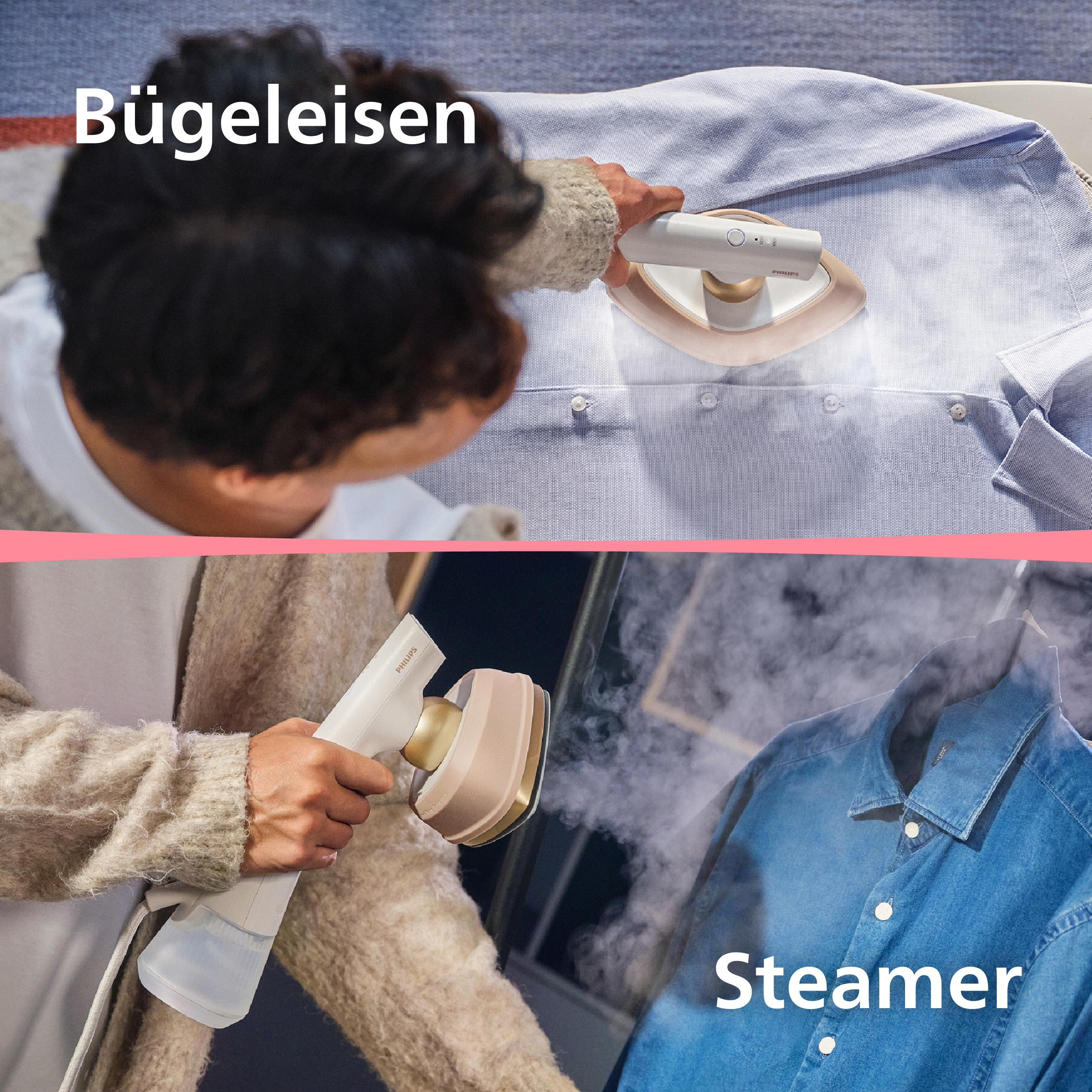 Person bügelt hellblaues Hemd mit Philips Dampfbügeleisen. Unten: Person dämpft Jeanshemd.