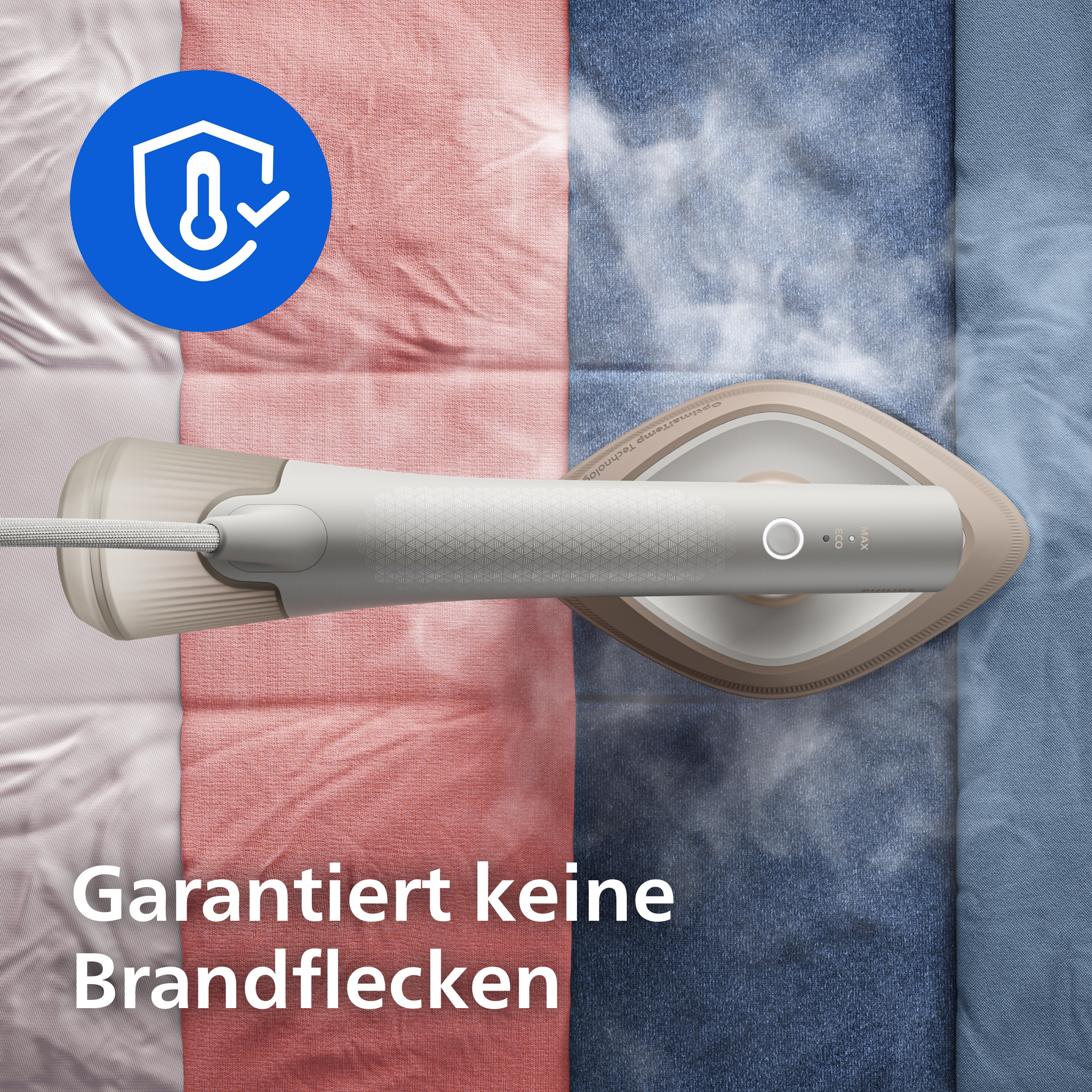 Dampfbügeleisen auf Stoffen; Symbol für sichere Temperatur; Text: Garantiert keine Brandflecken.