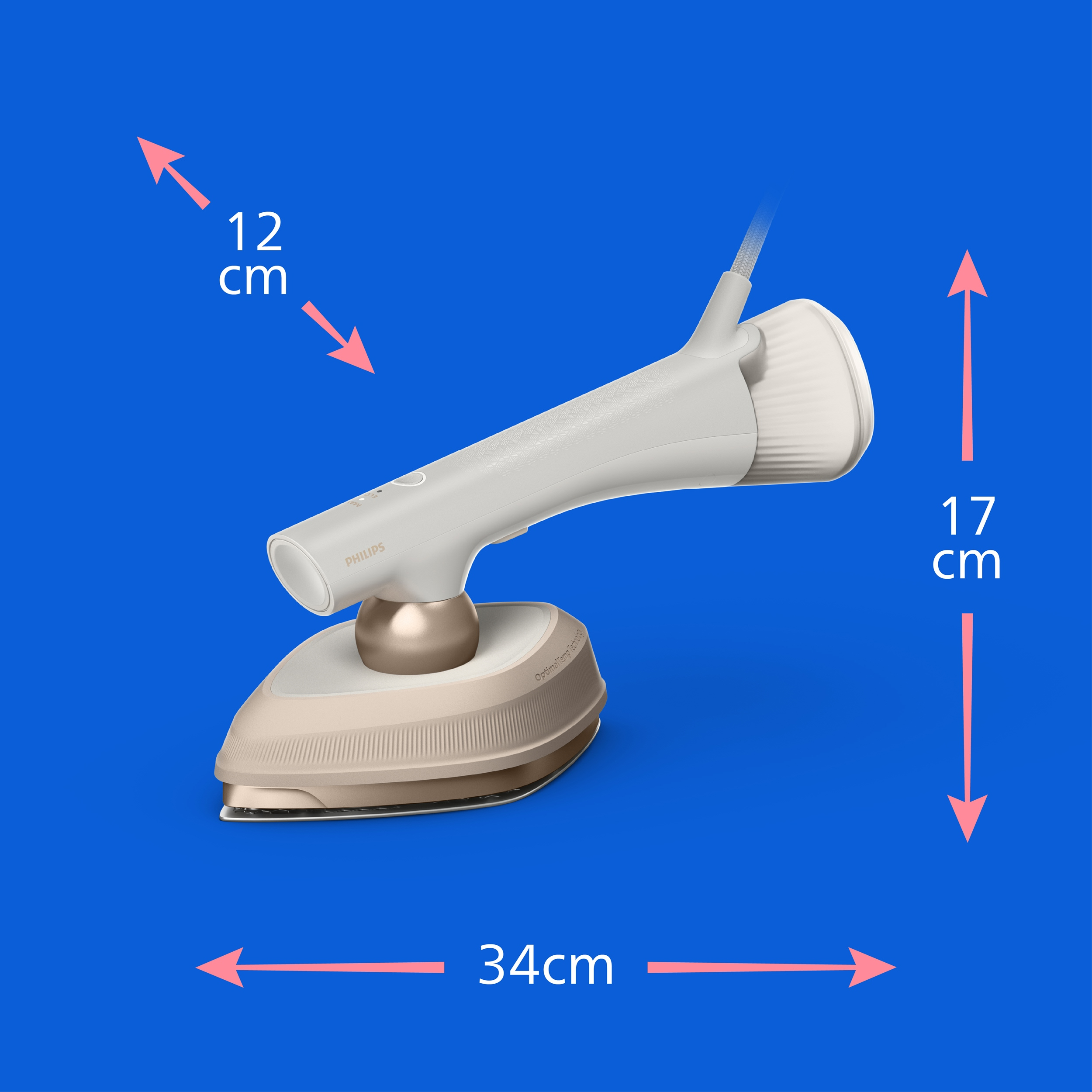 Ein beige Dampfbügeleisen mit blauen Maßen: 34cm breit, 17cm hoch, 12cm tief.