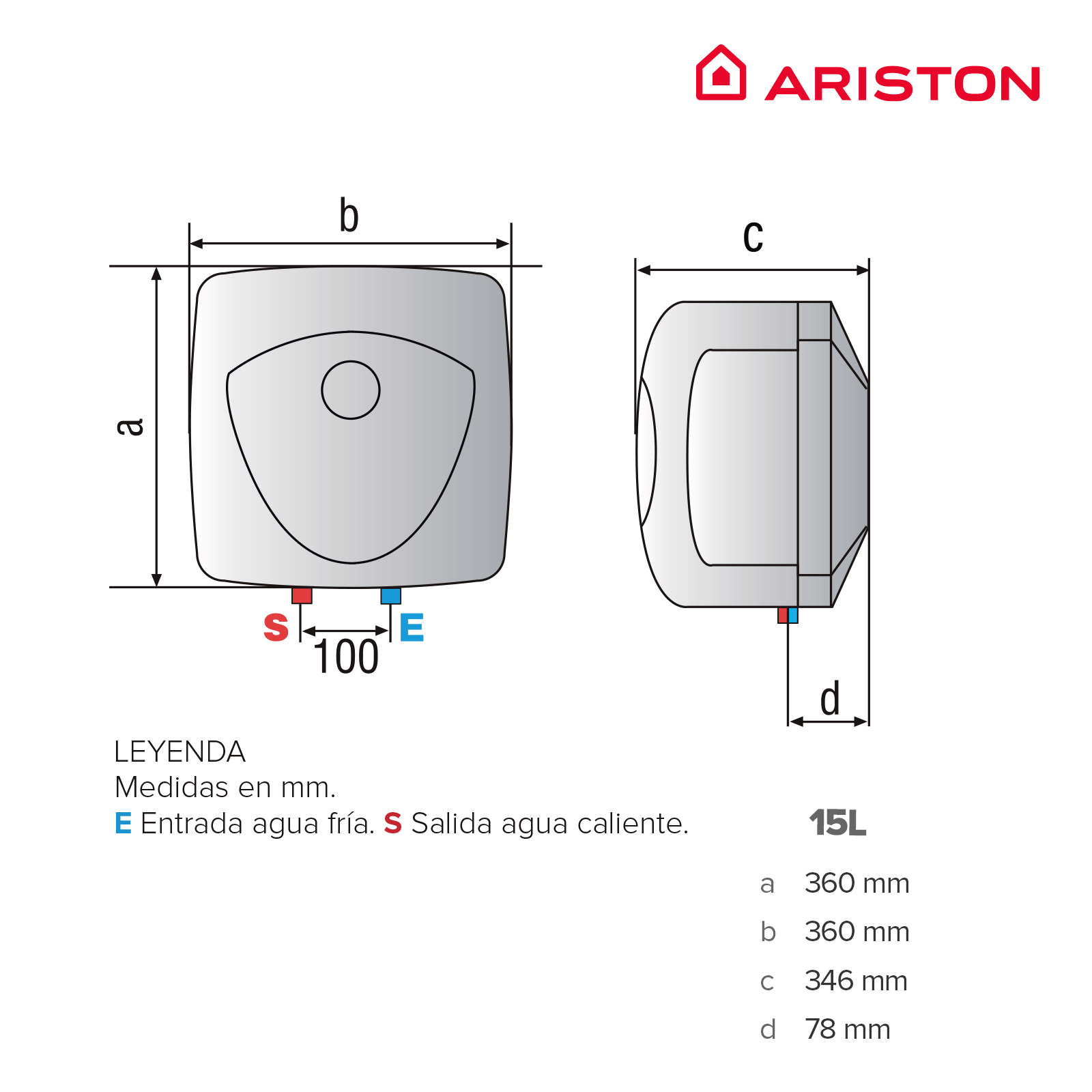 Dibujo técnico de calentador Ariston con dimensiones y conexiones.