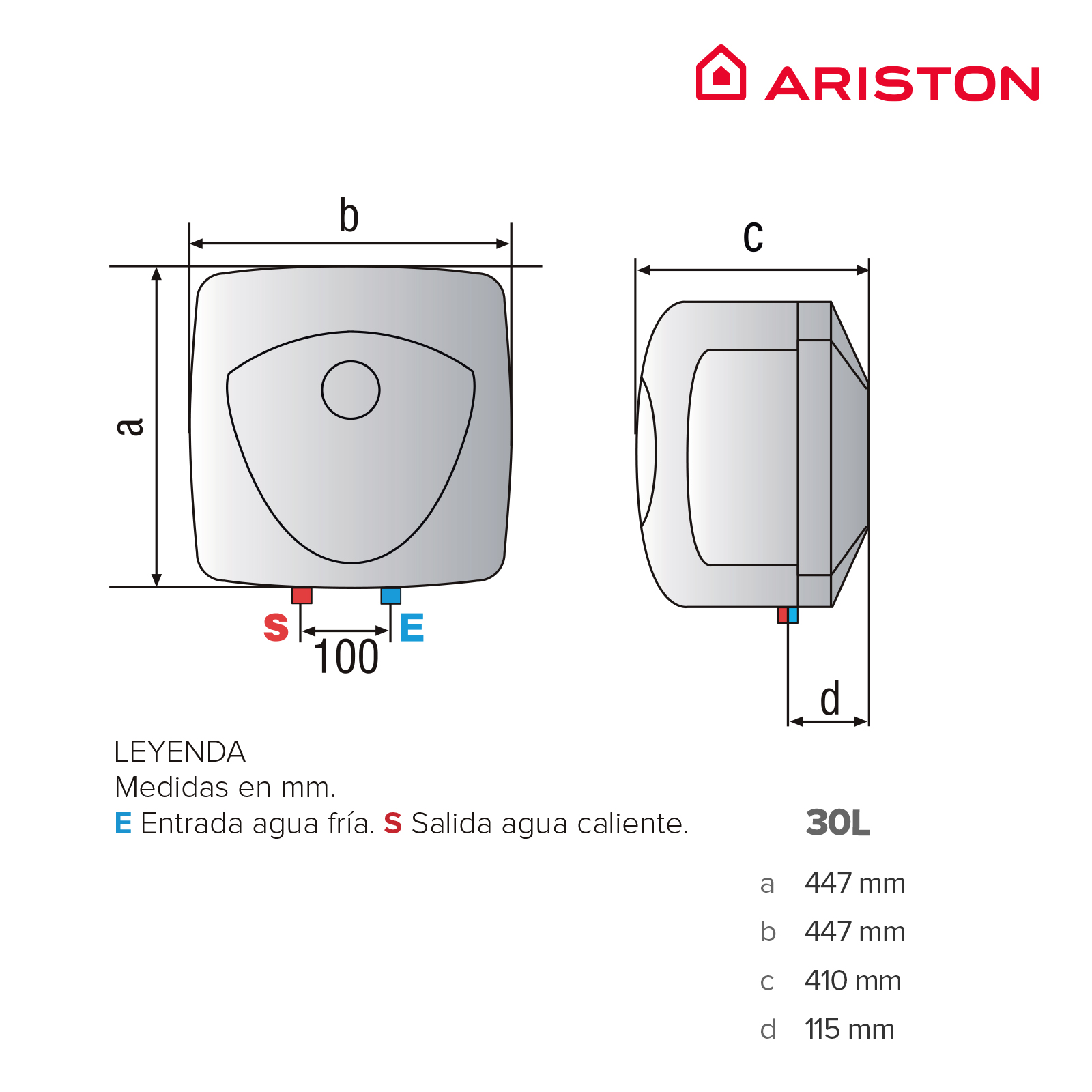Dibujo técnico de un calentador de agua Ariston de 30L con dimensiones.