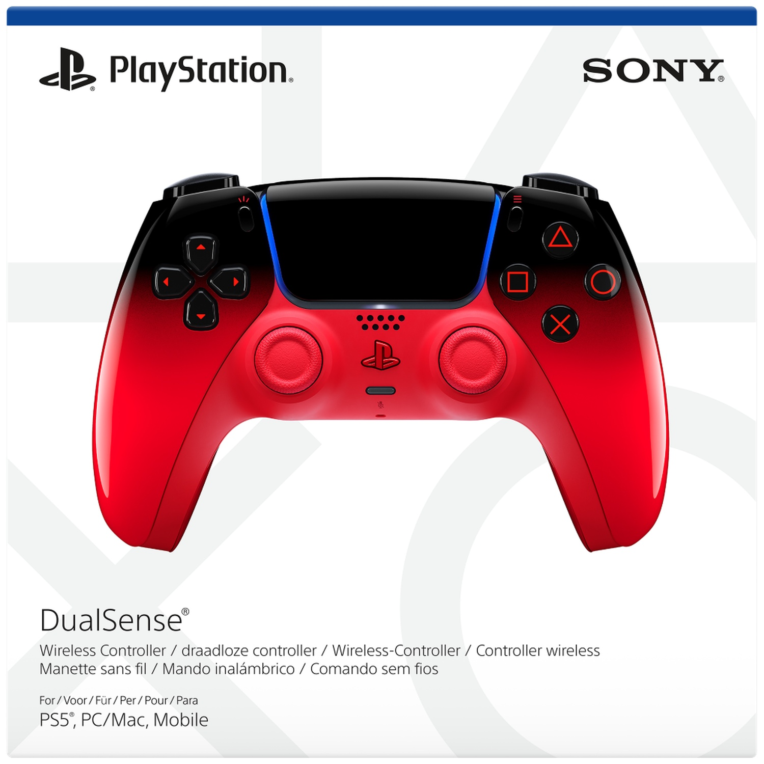 Red and black DualSense controller with PlayStation and Sony logos.