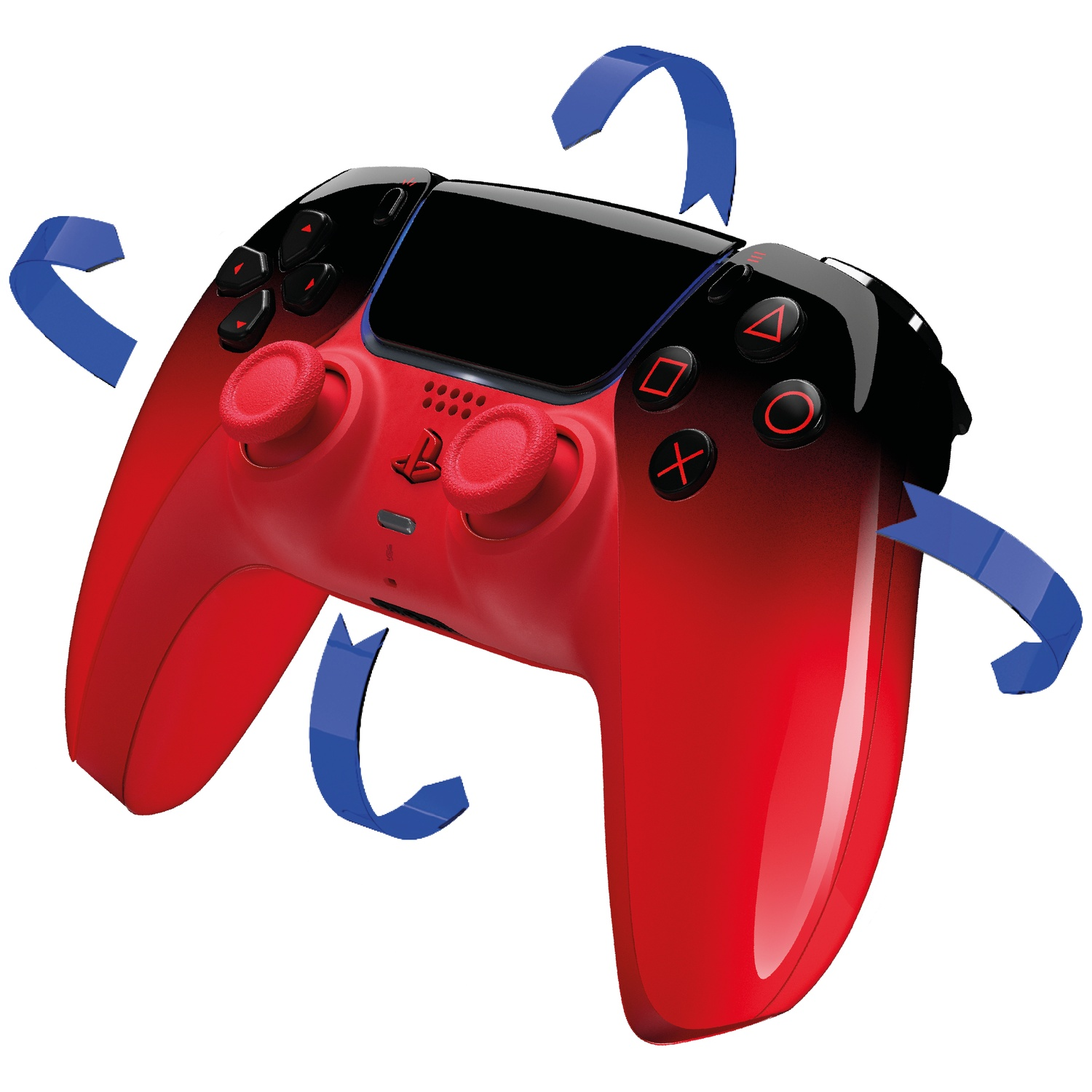 Red and black gaming controller with blue arrows indicating rotation.