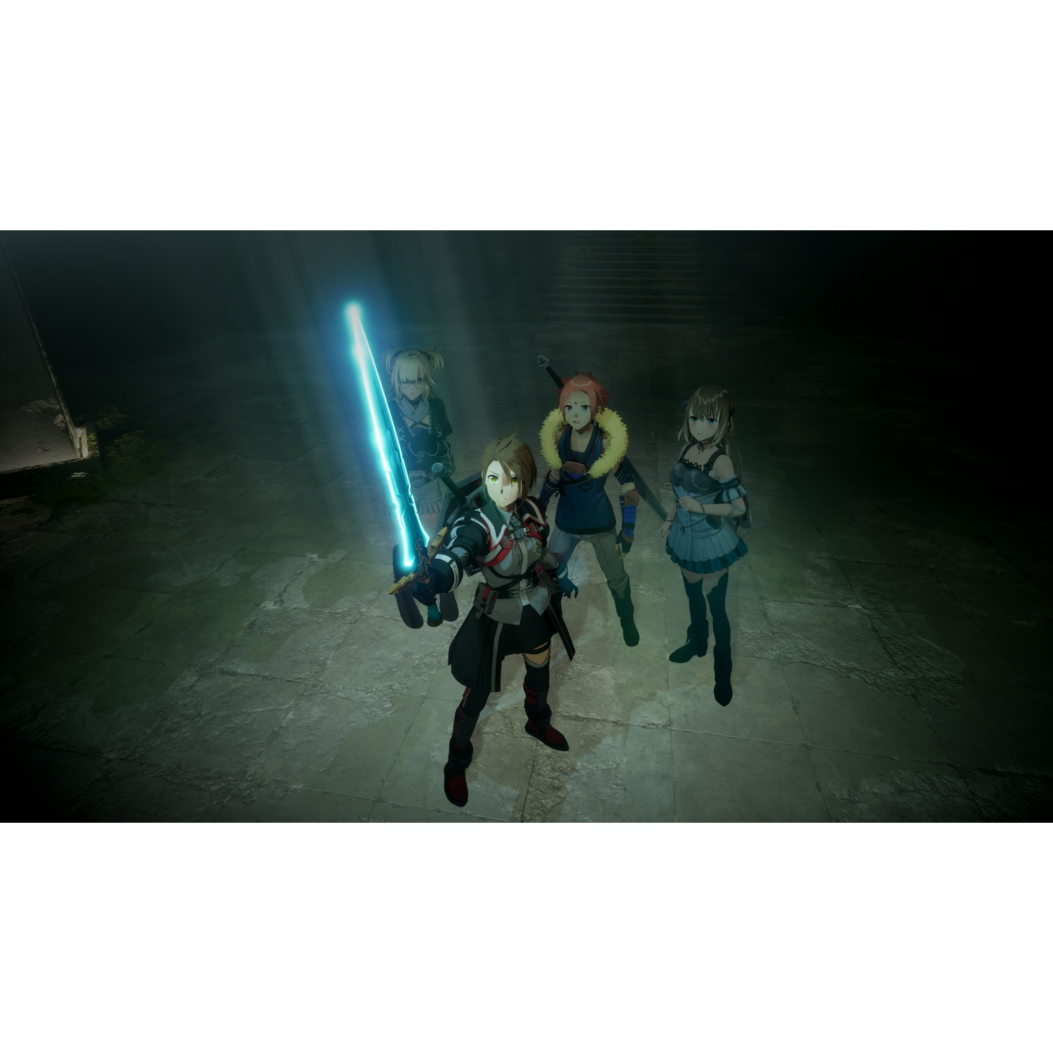 Quatre personnages d'anime se tiennent sur un sol en pierre. L'un tient une épée lumineuse.