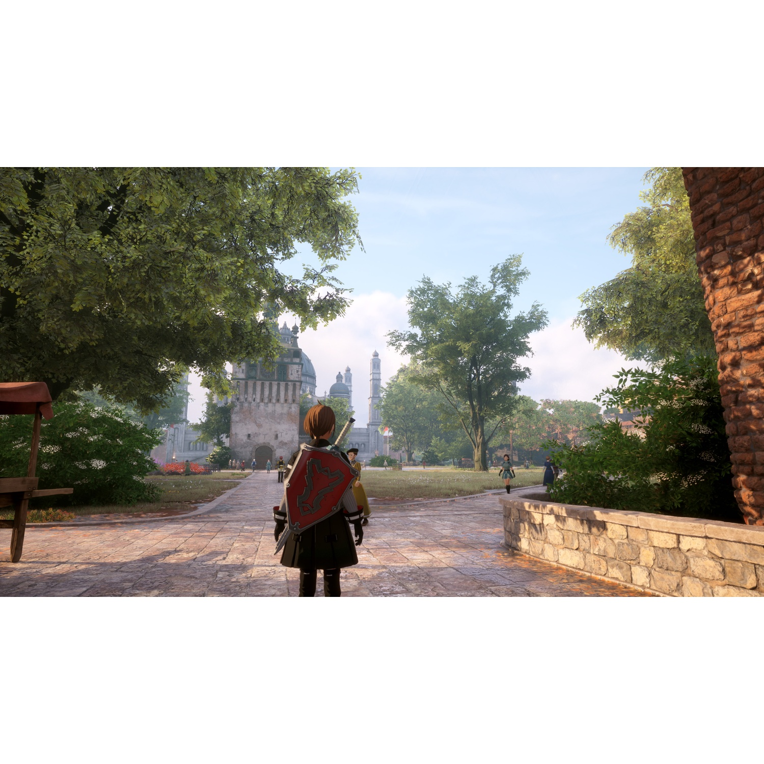 Un personnage avec un bouclier rouge se tient dans un parc avec un château au loin.