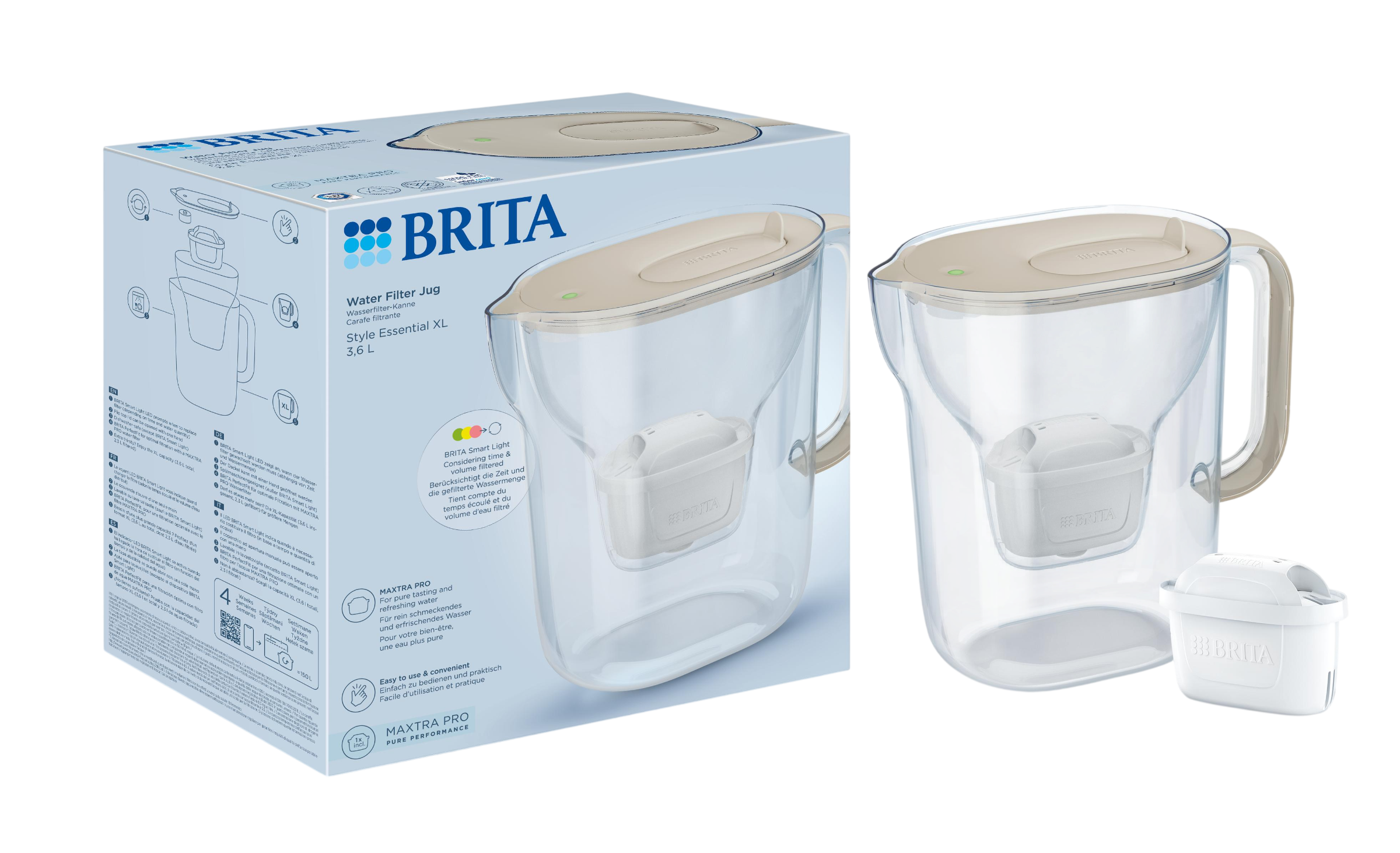 BRITA Wasserfilterkanne und Verpackung mit einem zusätzlichen Filter.