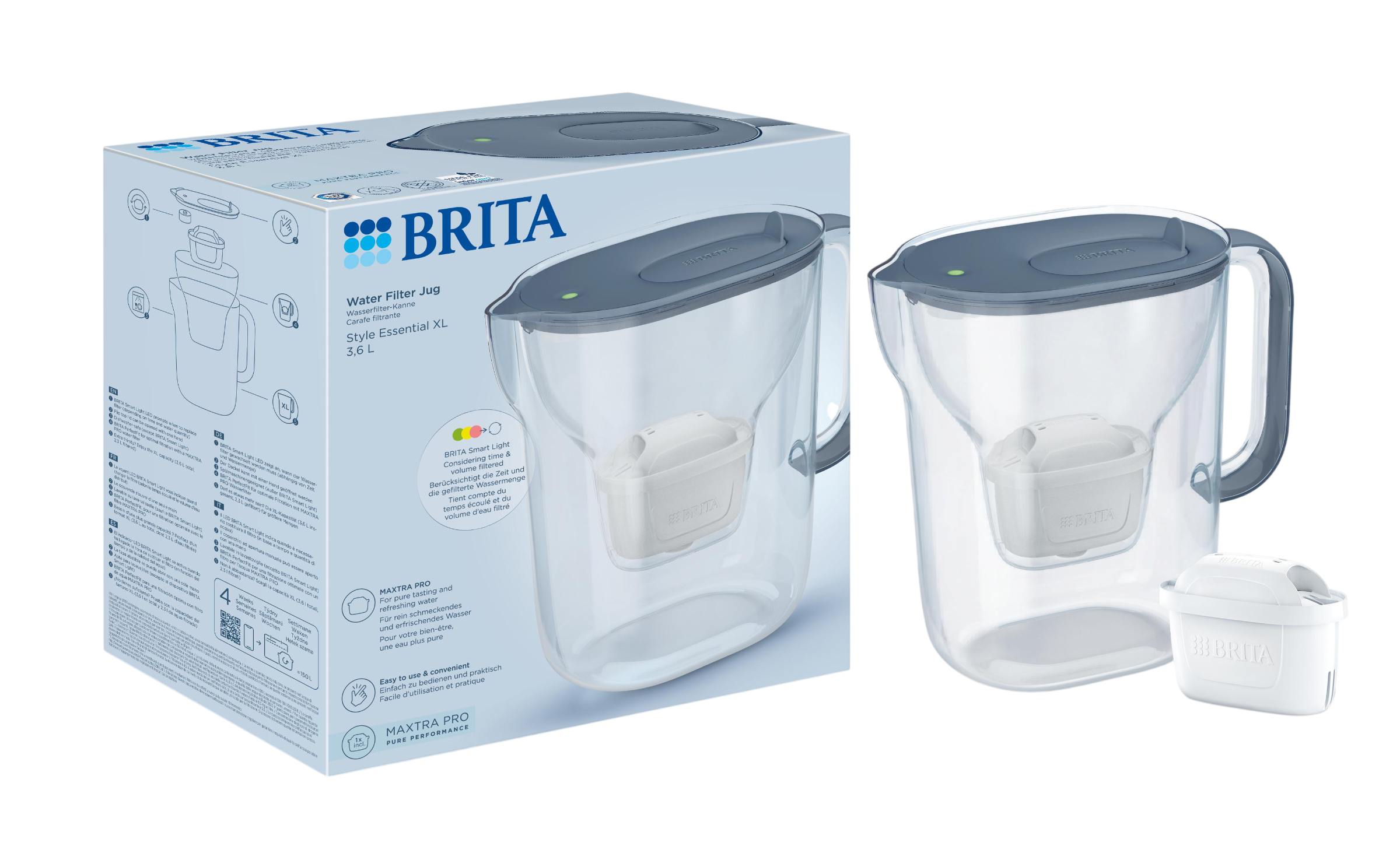 BRITA Wasserfilter-Kanne mit Verpackung und einem Ersatzfilter.