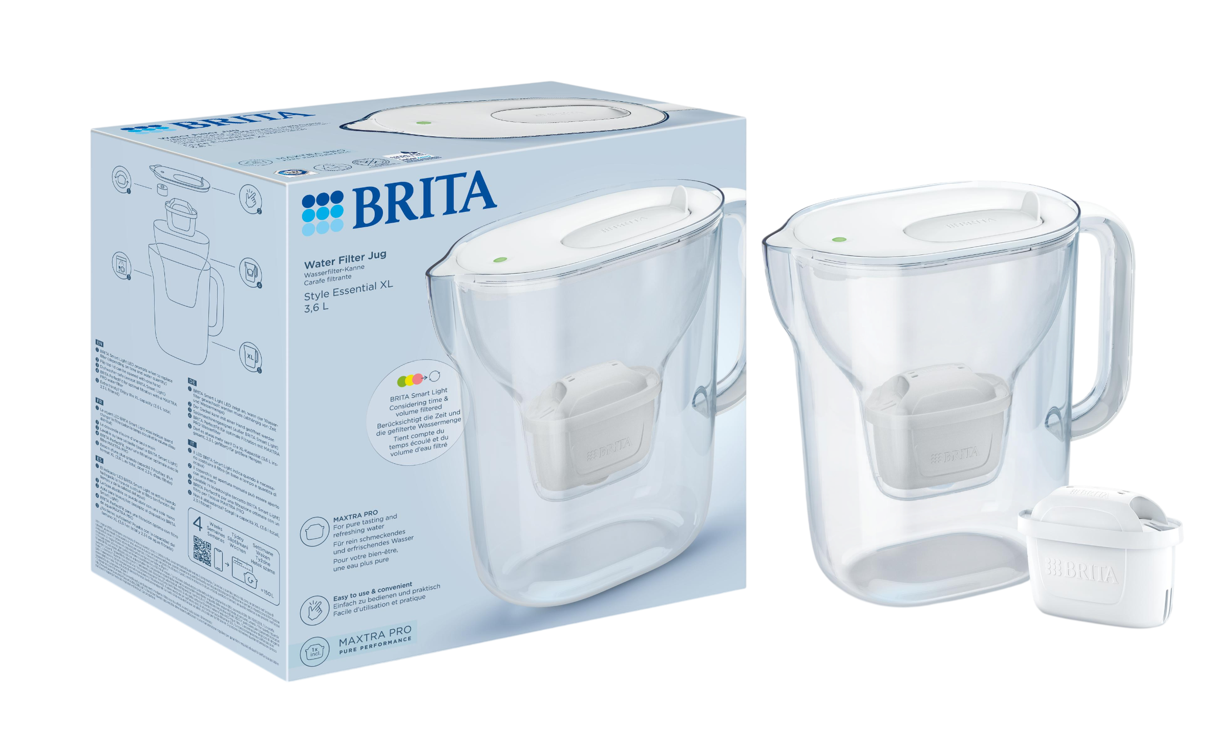 BRITA Wasserfilterkanne und Ersatzfilter auf schwarzem Hintergrund.