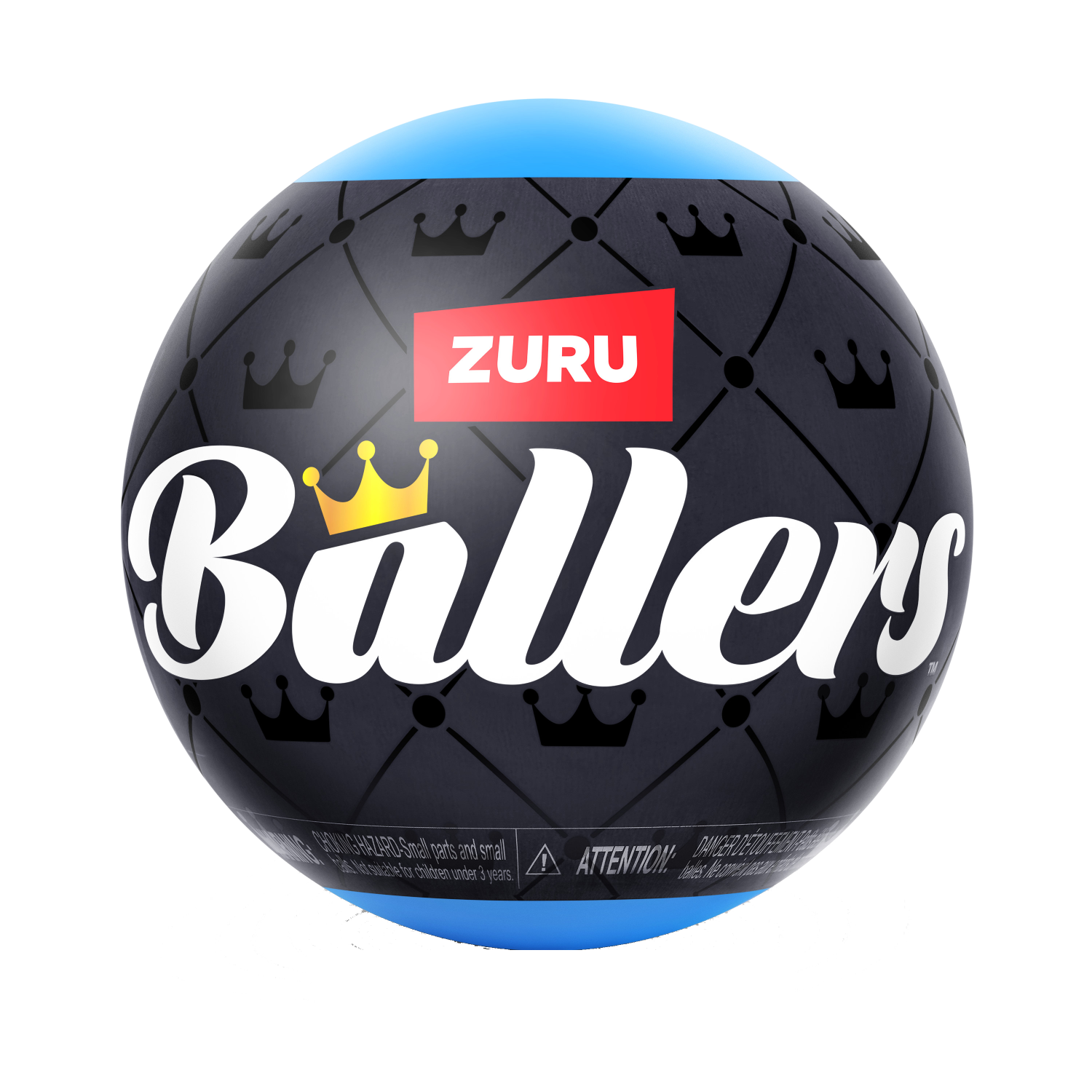 Pelota negra con patrón de corona y logo ZURU Ballers. Parte superior azul.