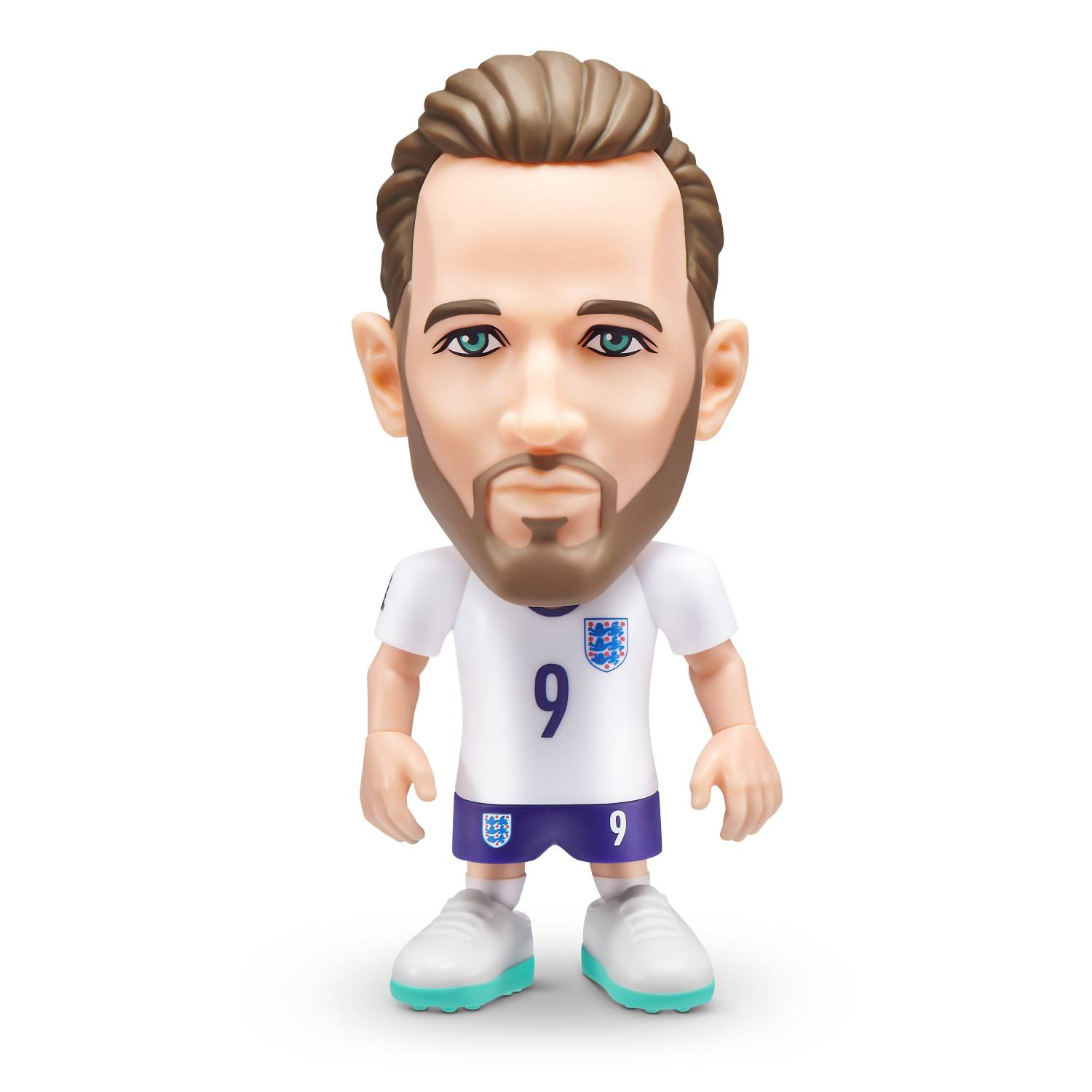 Una figura de un futbolista con camiseta blanca y el número 9 y pantalones cortos azules.