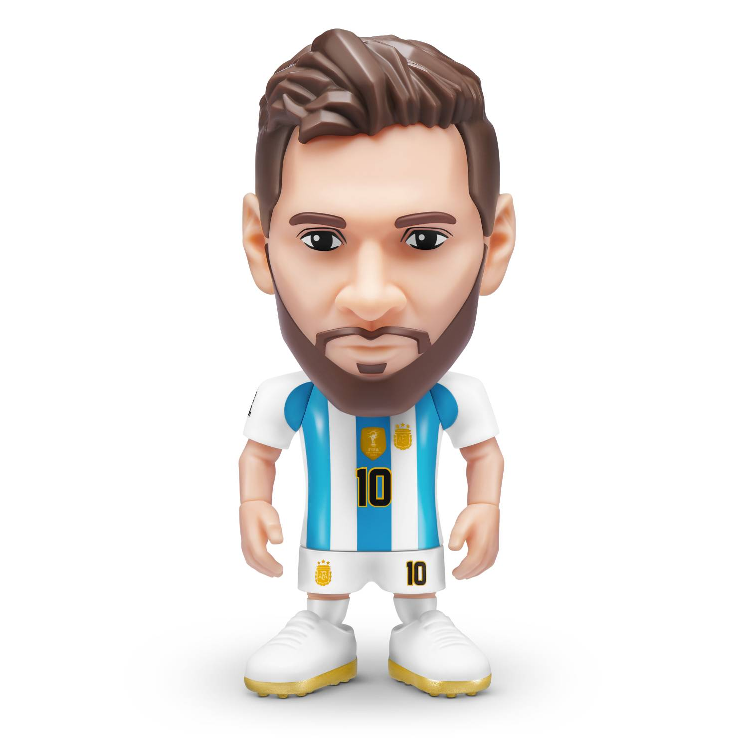 Figura de un futbolista con camiseta azul y blanca con el número 10.