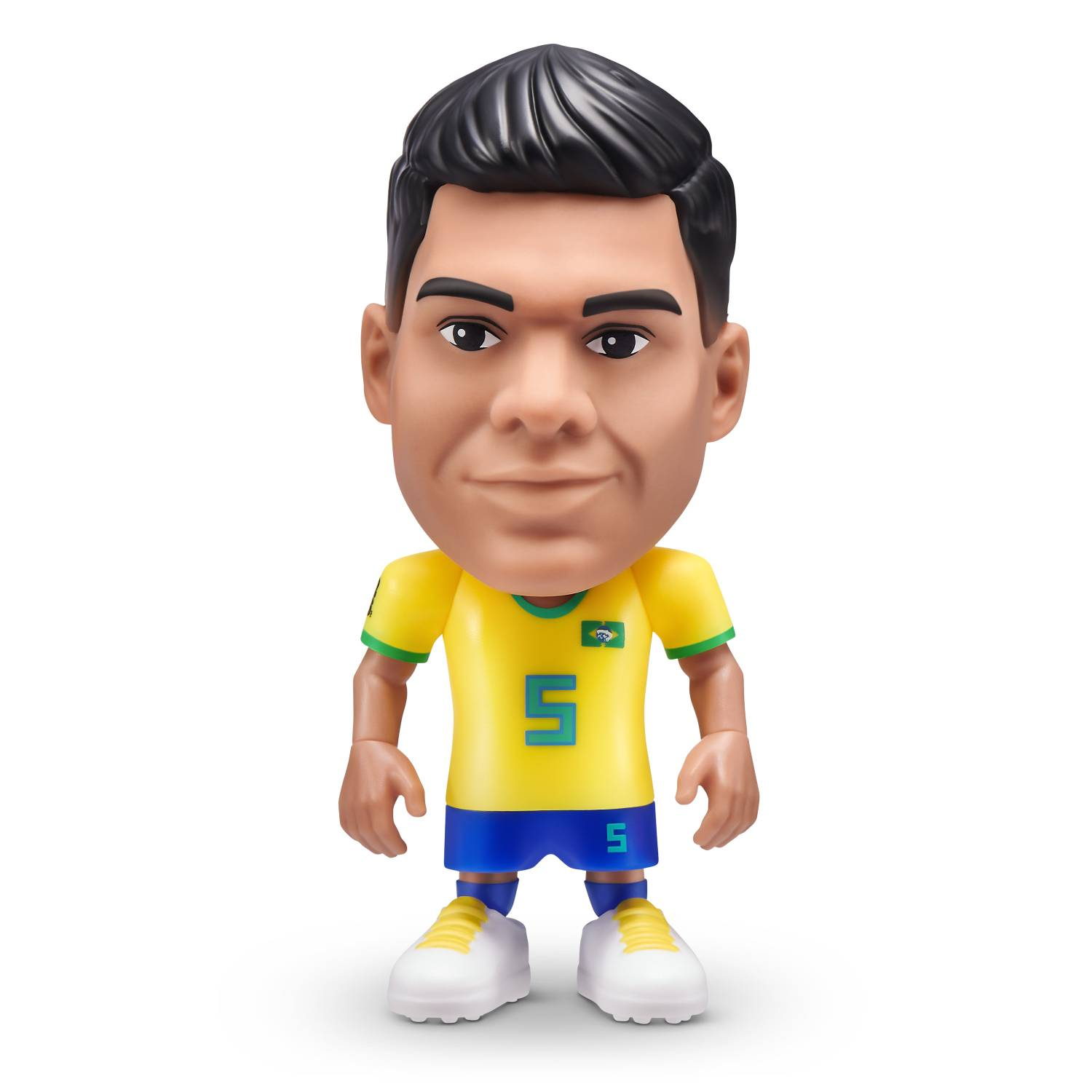 Figura de juguete de un futbolista con camiseta amarilla, número 5 y pantalón azul.