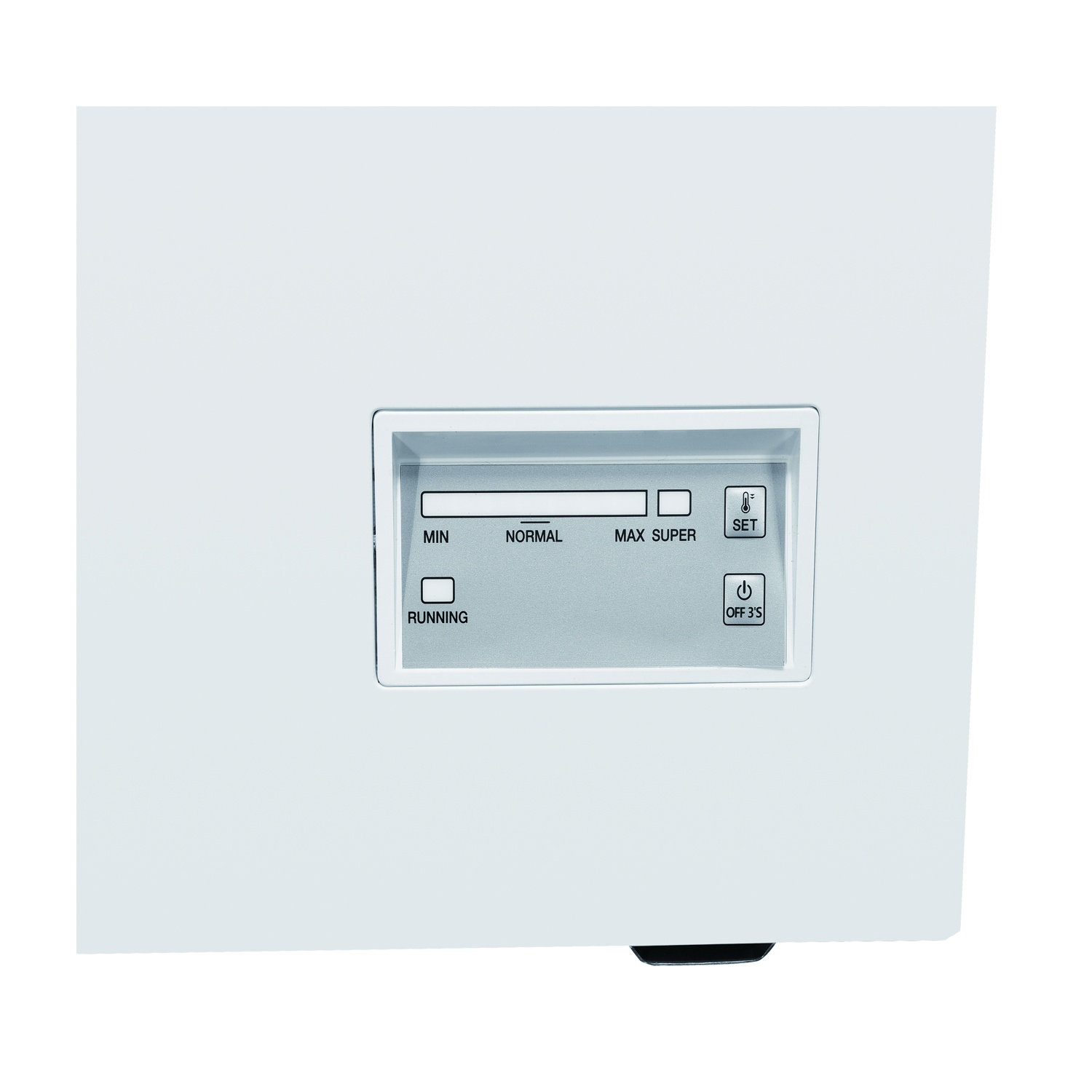 Elettrodomestico bianco con display digitale che mostra le opzioni Min, Normale, Max, Super, Imposta e In Funzione.