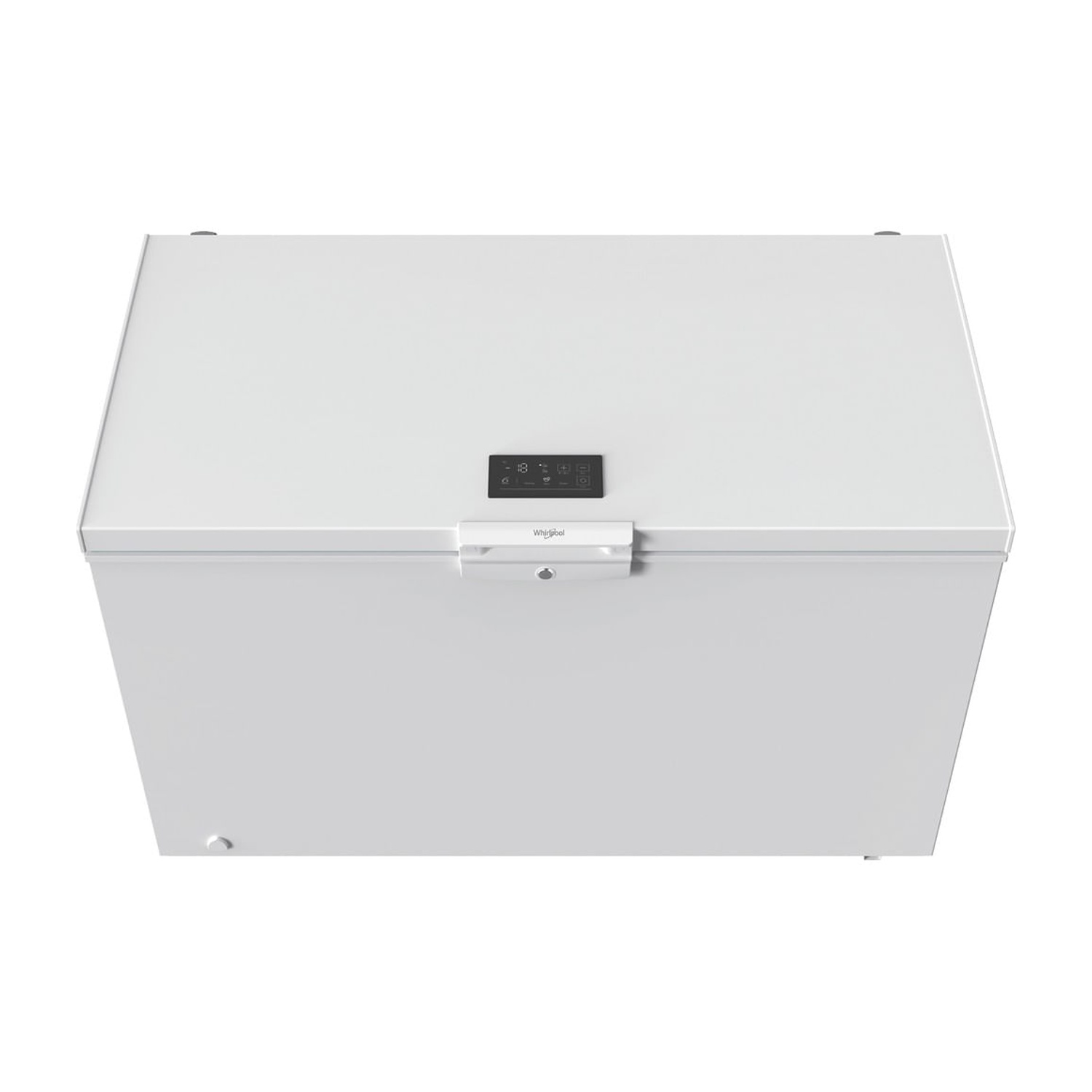 Congelatore a pozzetto bianco con display digitale e maniglia.