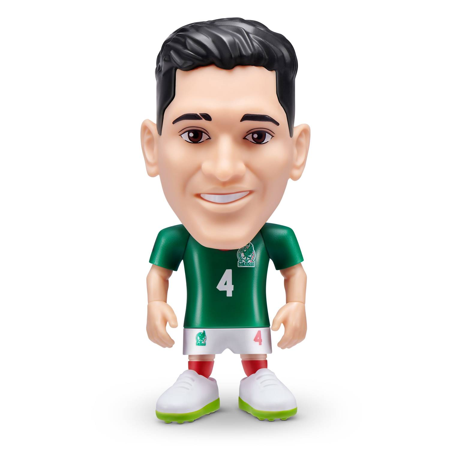 Una figura de juguete de un futbolista con camiseta verde y el número 4.