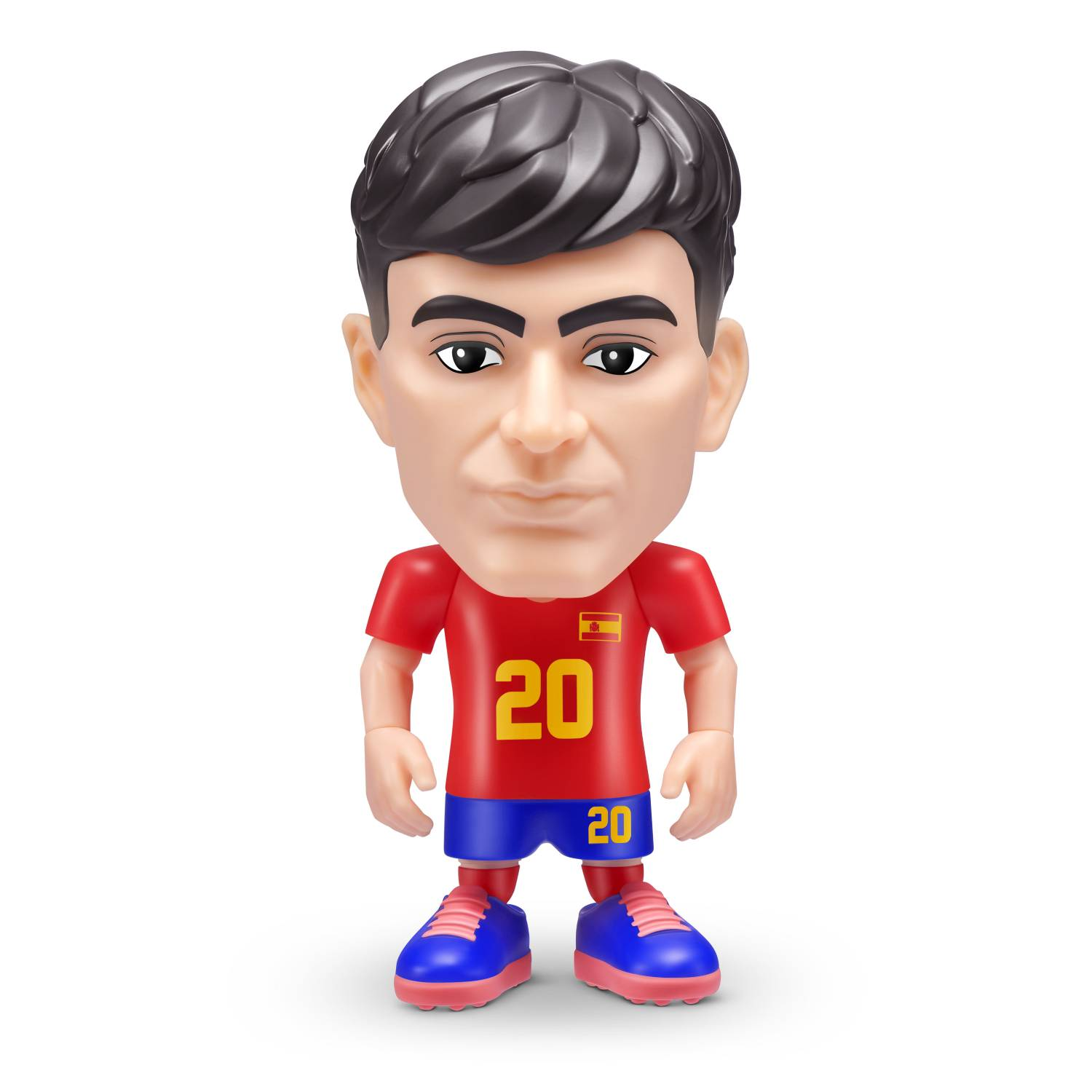 Una figura de juguete de un futbolista con camiseta roja y el número 20.