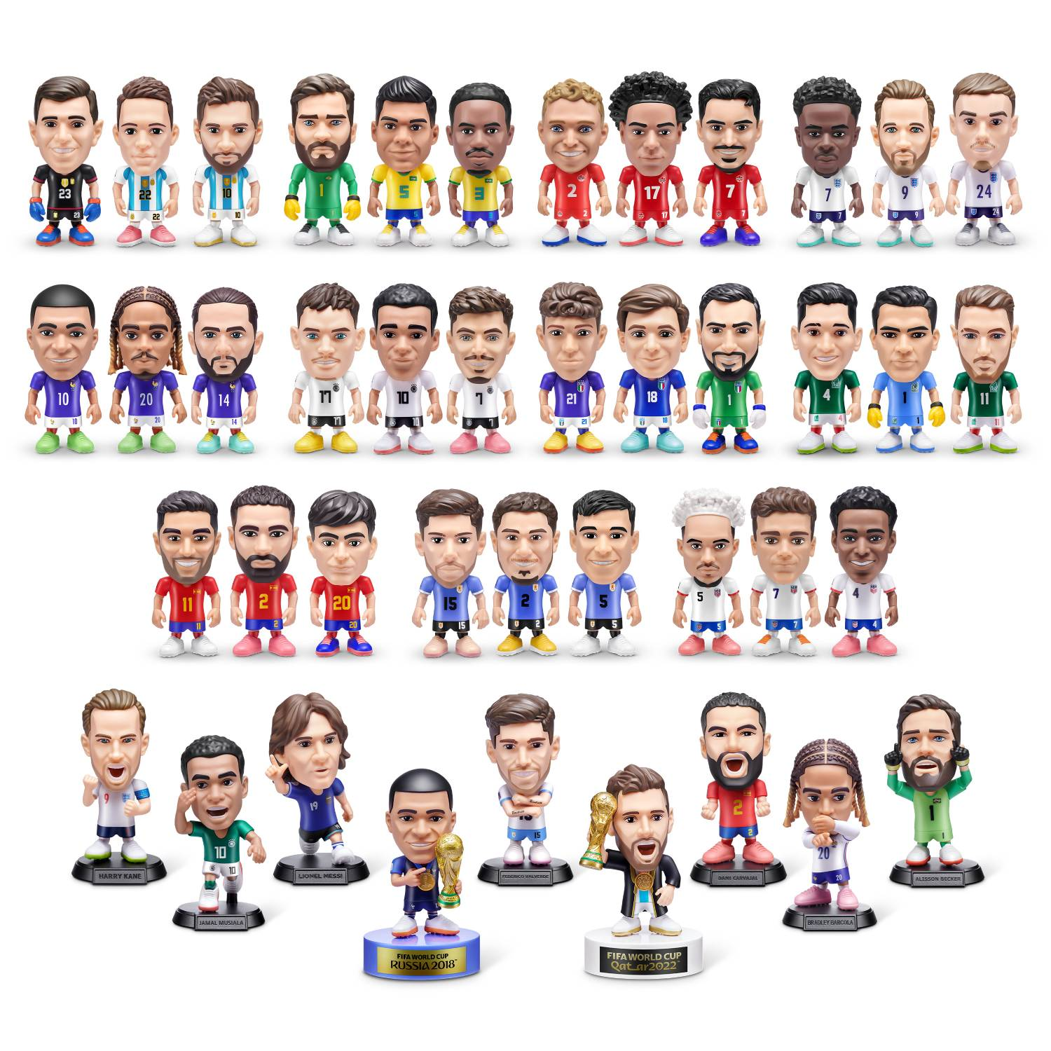 Figuras de fútbol estilo caricatura en cuatro filas, vestidas con camisetas de equipos.
