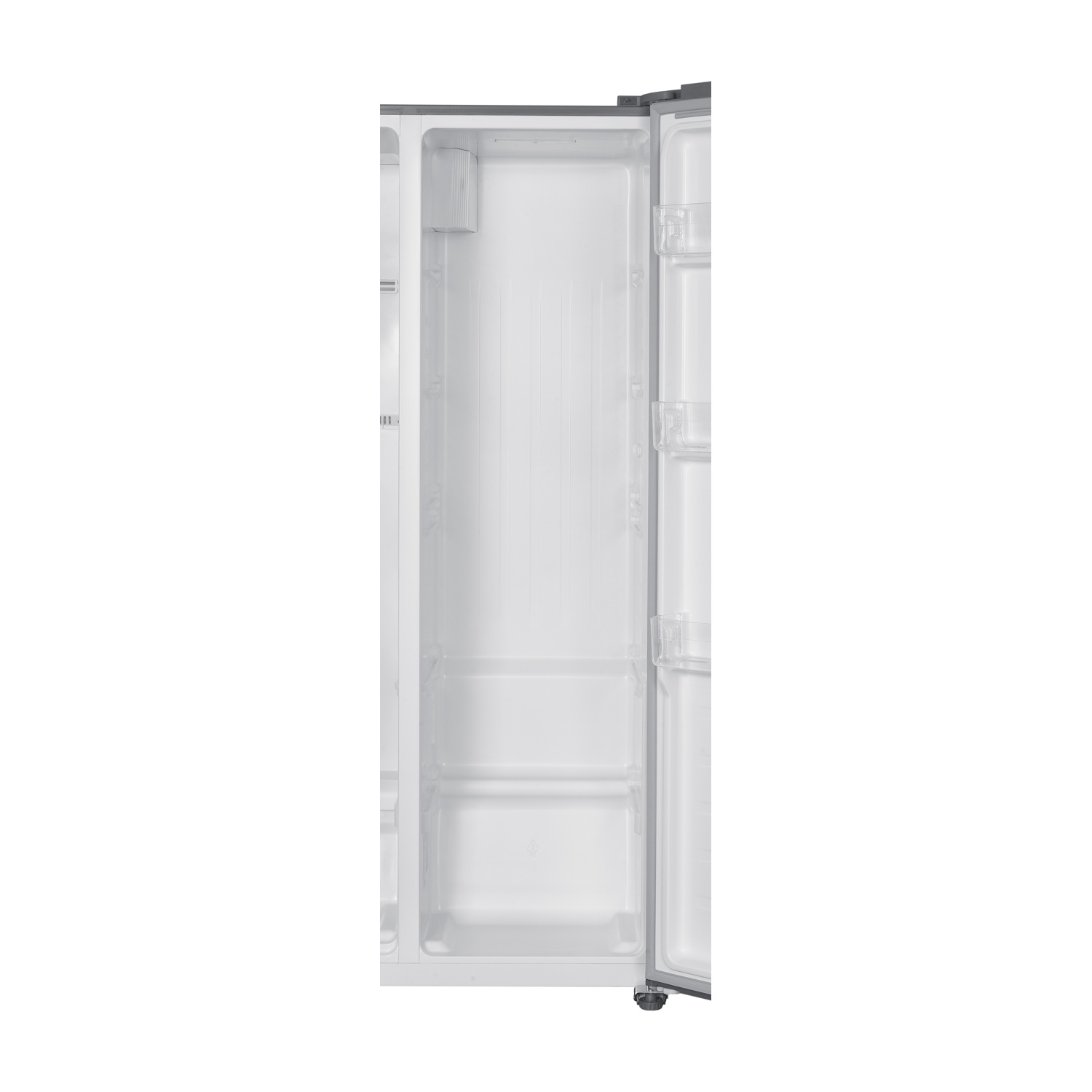 Interno vuoto di frigorifero bianco con ripiani e scomparti porta.