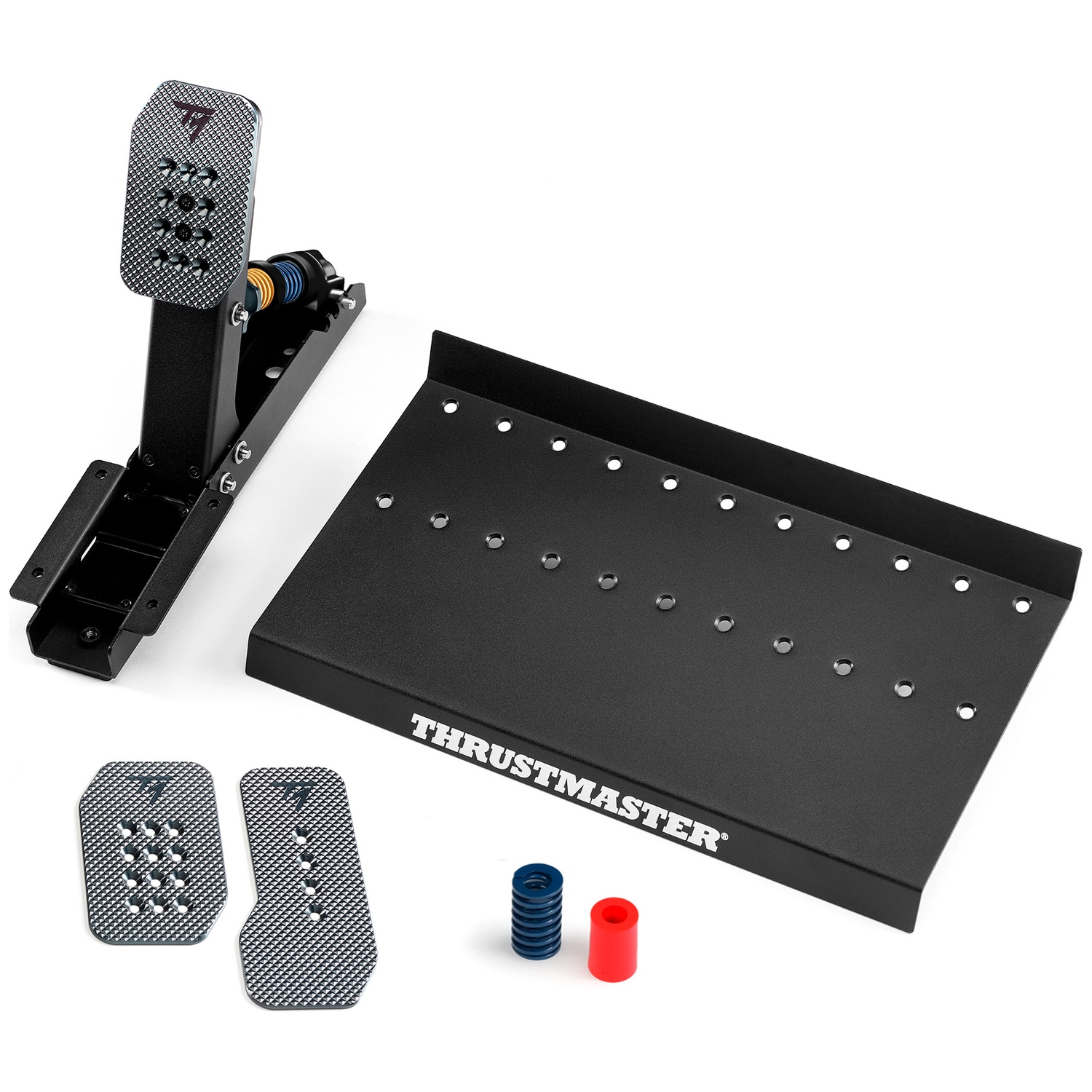Black Thrustmaster pedals, springs, and mounting plate on a white background.