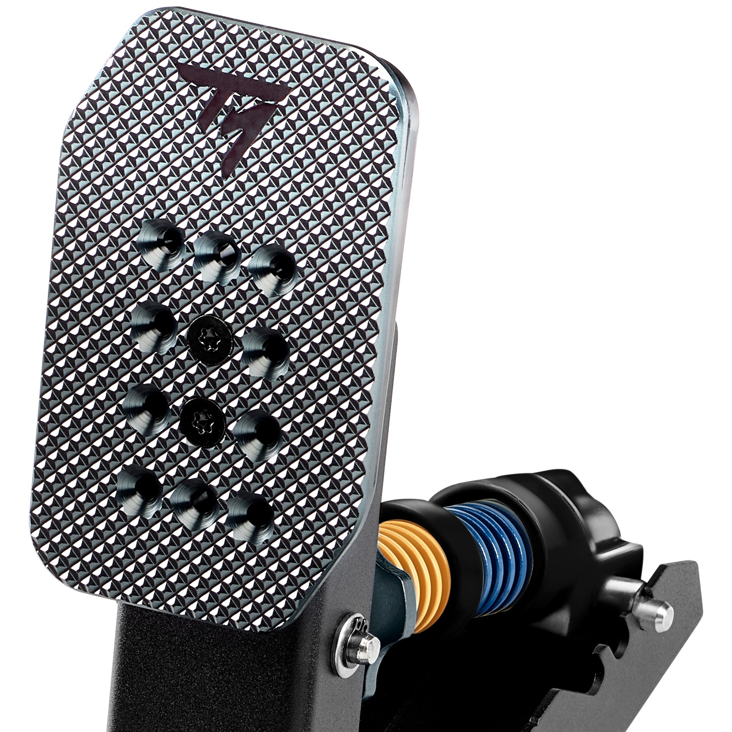 A silver pedal face with diamond pattern and screws, white background.