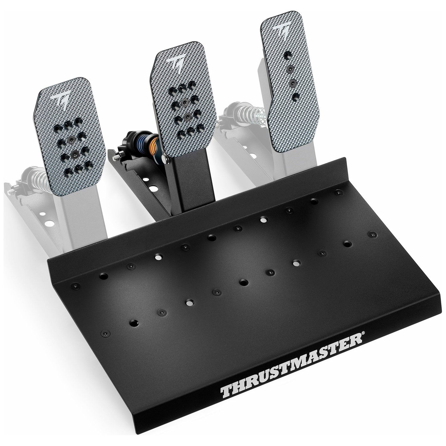 A black pedal set with three pedals and a metal base.