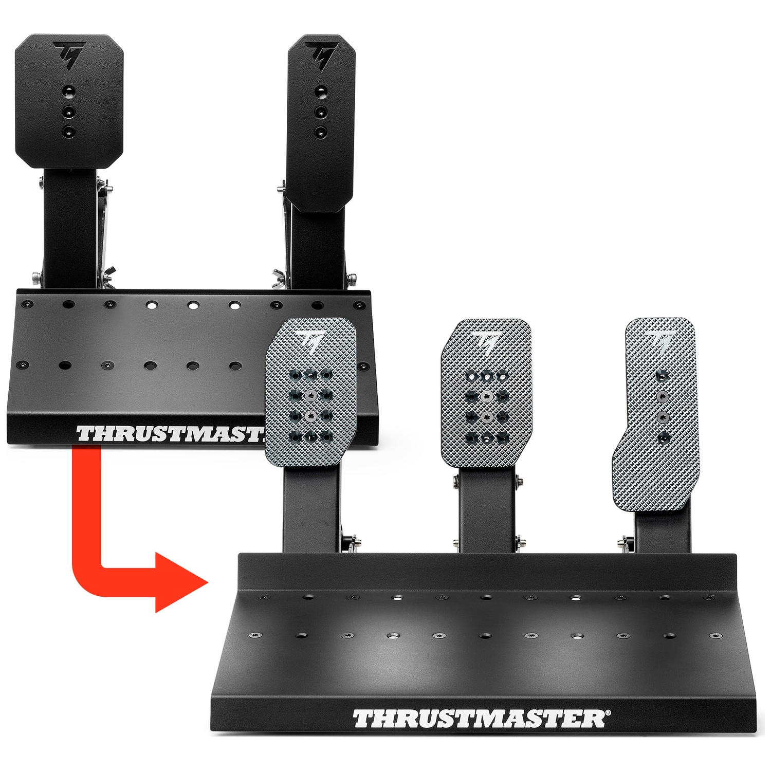 Two black racing simulator pedal sets, one with two pedals, one with three pedals.