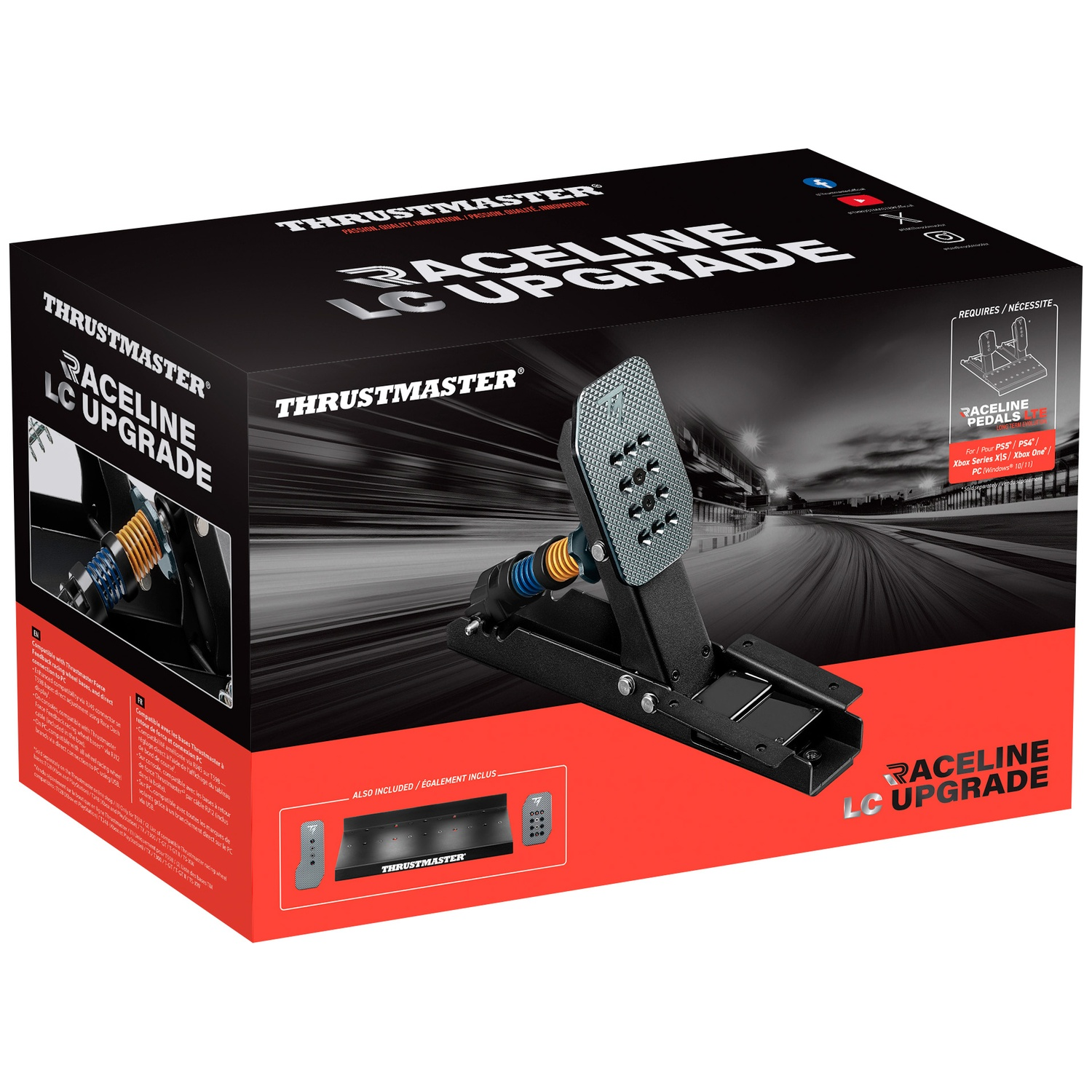 Thrustmaster Raceline LC Upgrade box with racing pedals and control unit on a blurred racetrack background.