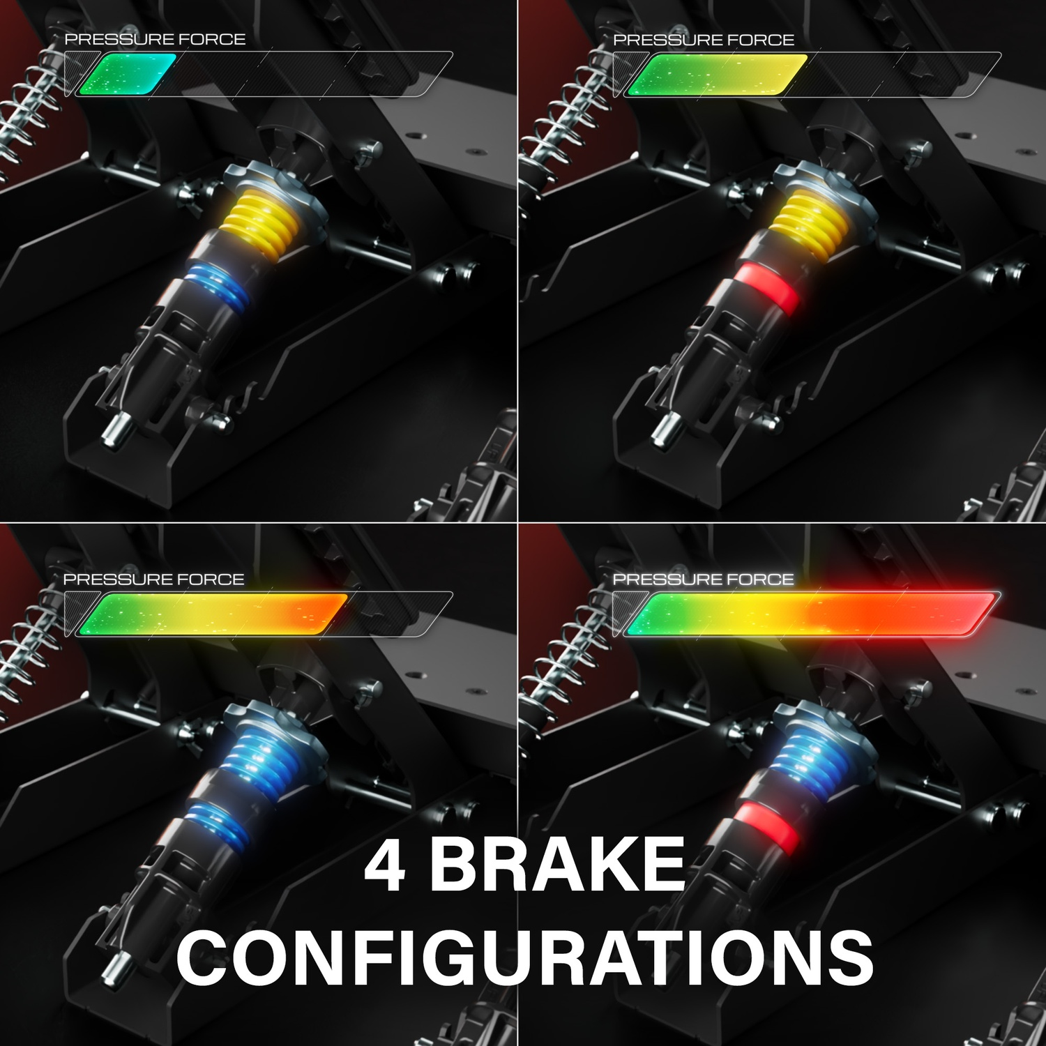 Four brake configurations shown with pressure force indicators and colored springs.