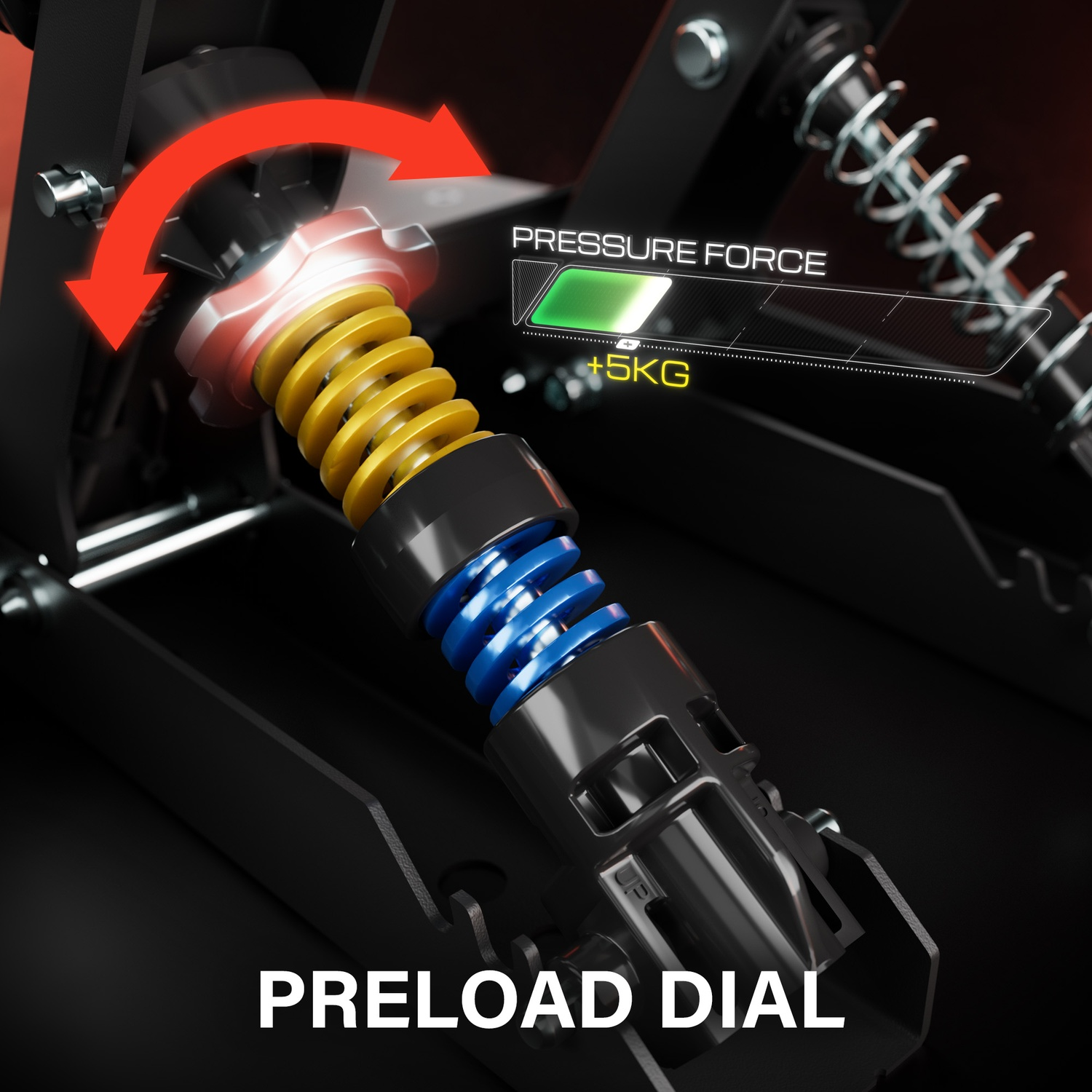 A red arrow shows rotation of a preload dial with a yellow spring. Pressure force 5kg.