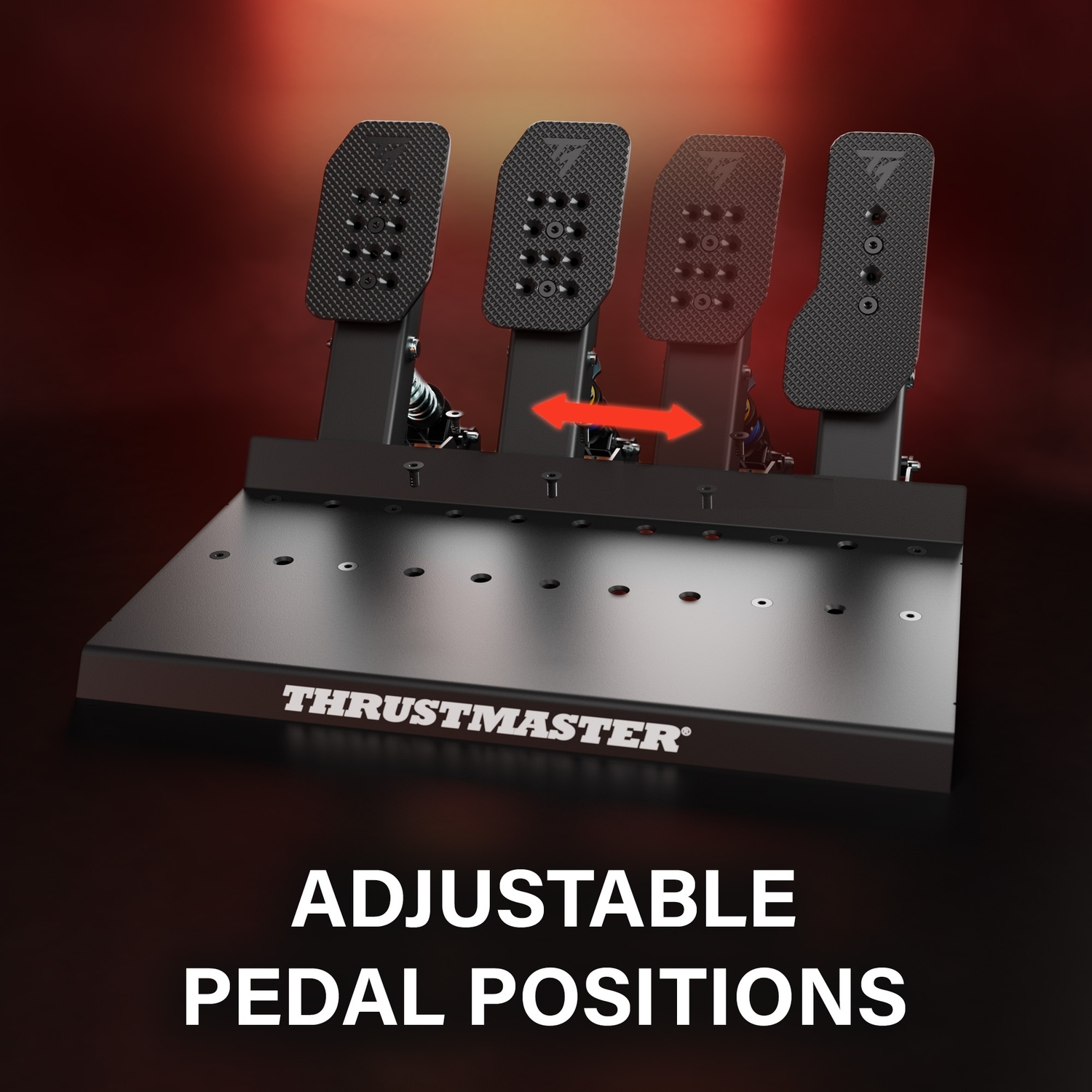 A black pedal set with four adjustable pedals on a base with Thrustmaster logo.