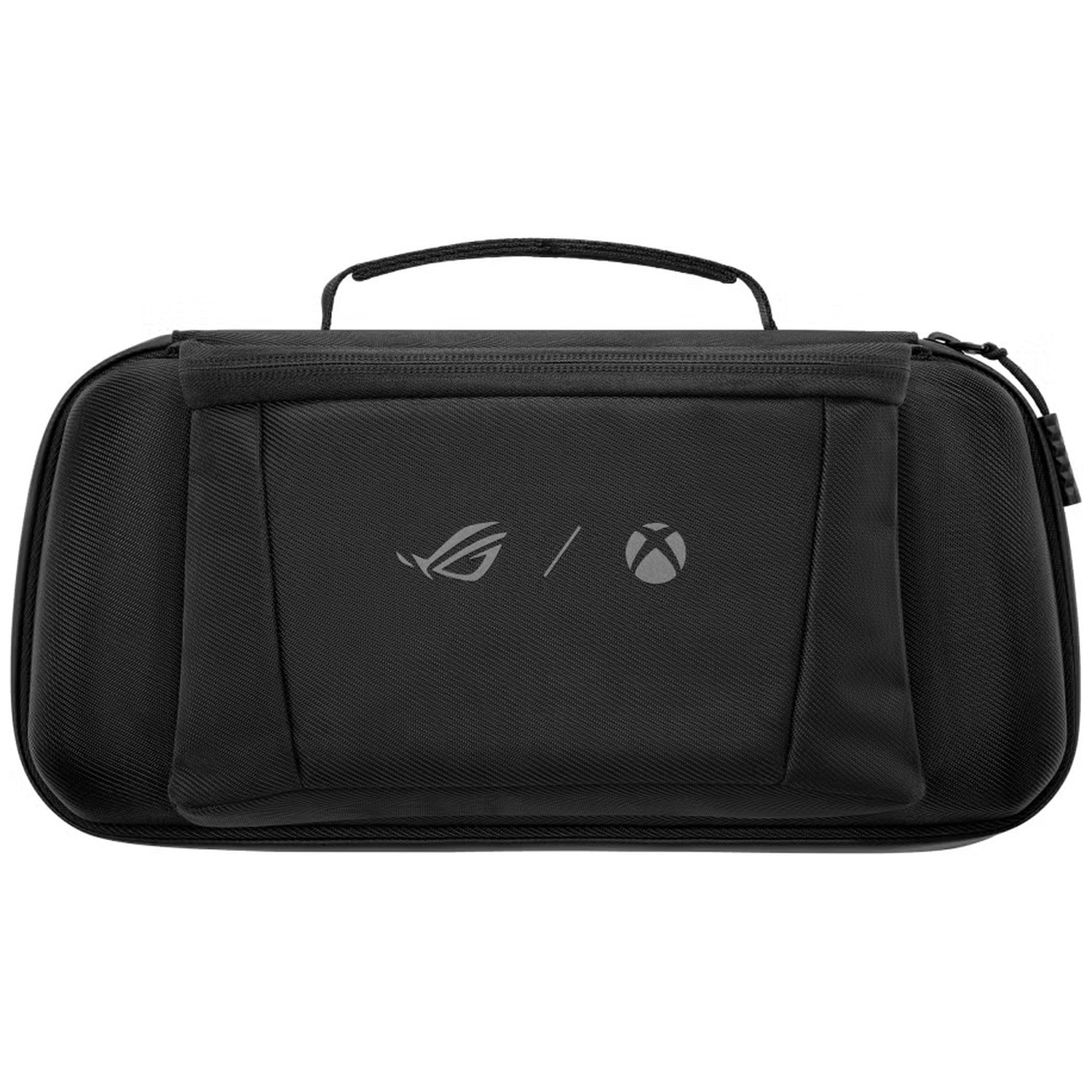 Black carrying case with ROG and Xbox logo, white stitching, white handle.