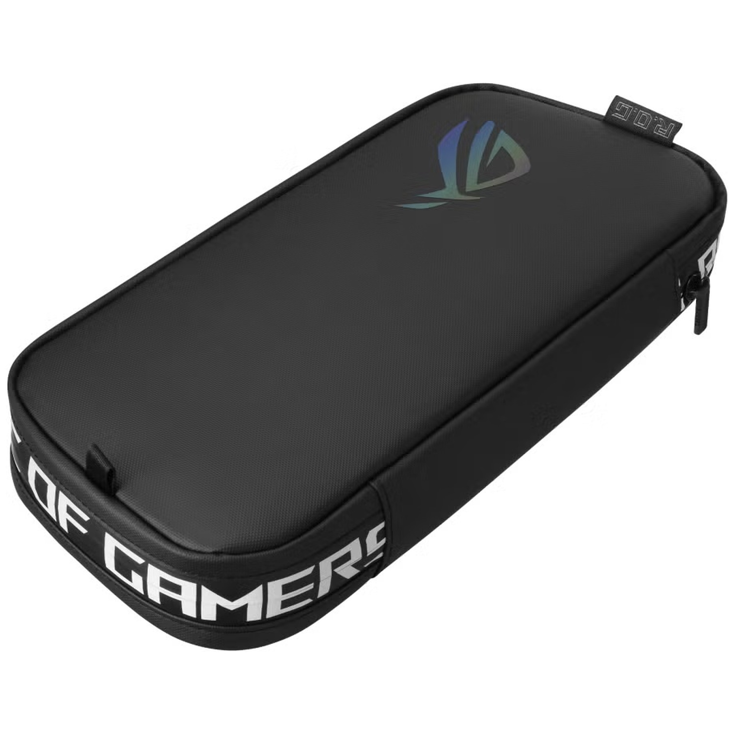 Black ROG case with iridescent logo and "OF GAMERS" text. Zipper closure.