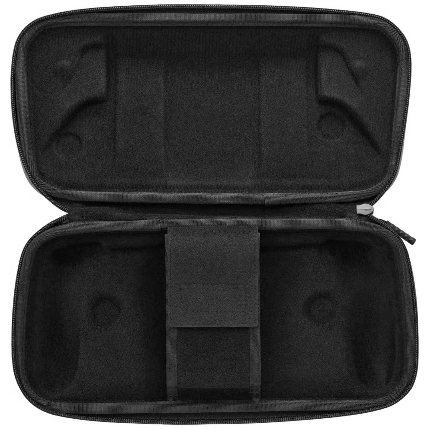 An open black hardshell case with soft lining and compartments.