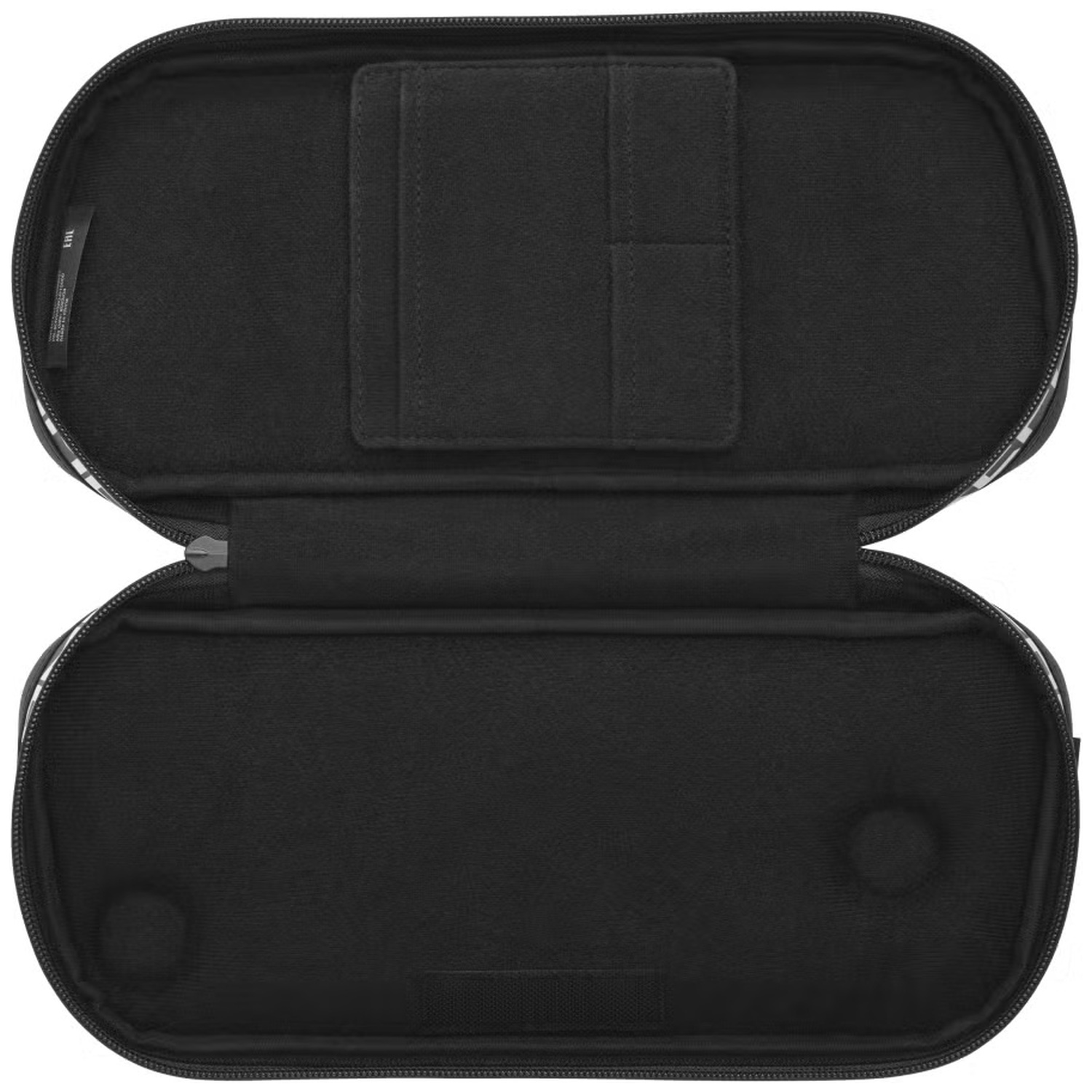 An open black case with a black interior and compartments.
