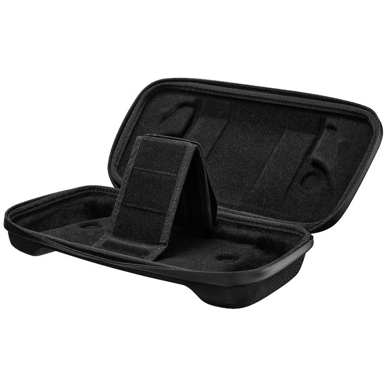 An open black case with a padded interior and a velcro strap.