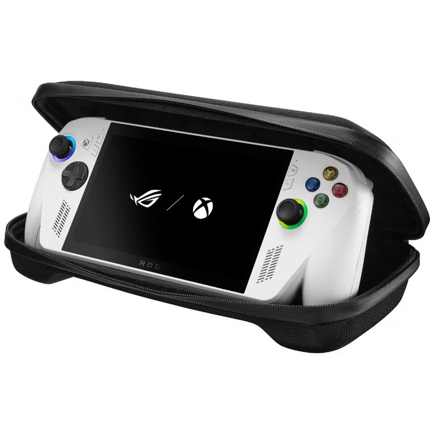 White handheld gaming device in an open black protective case.