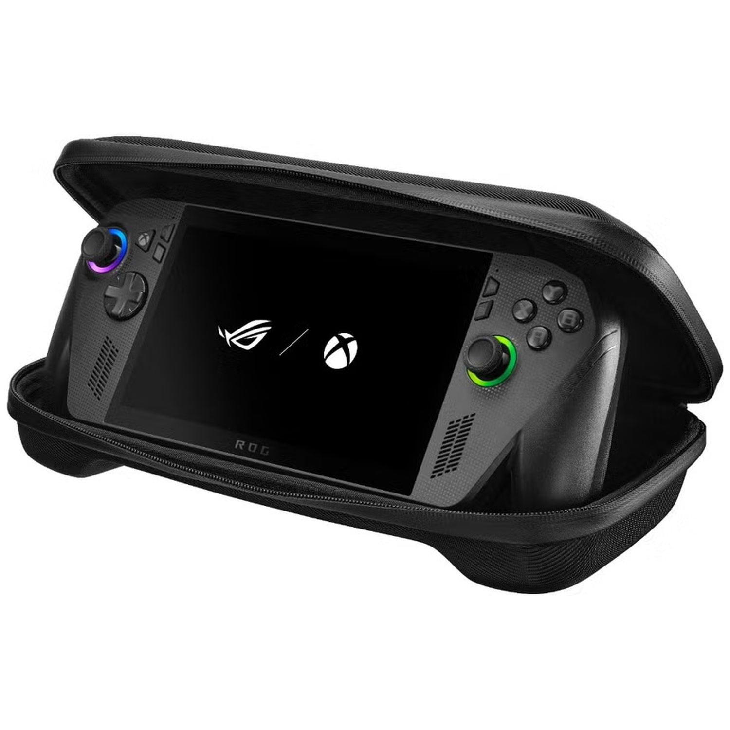 A portable gaming device in a black case, with illuminated controls.