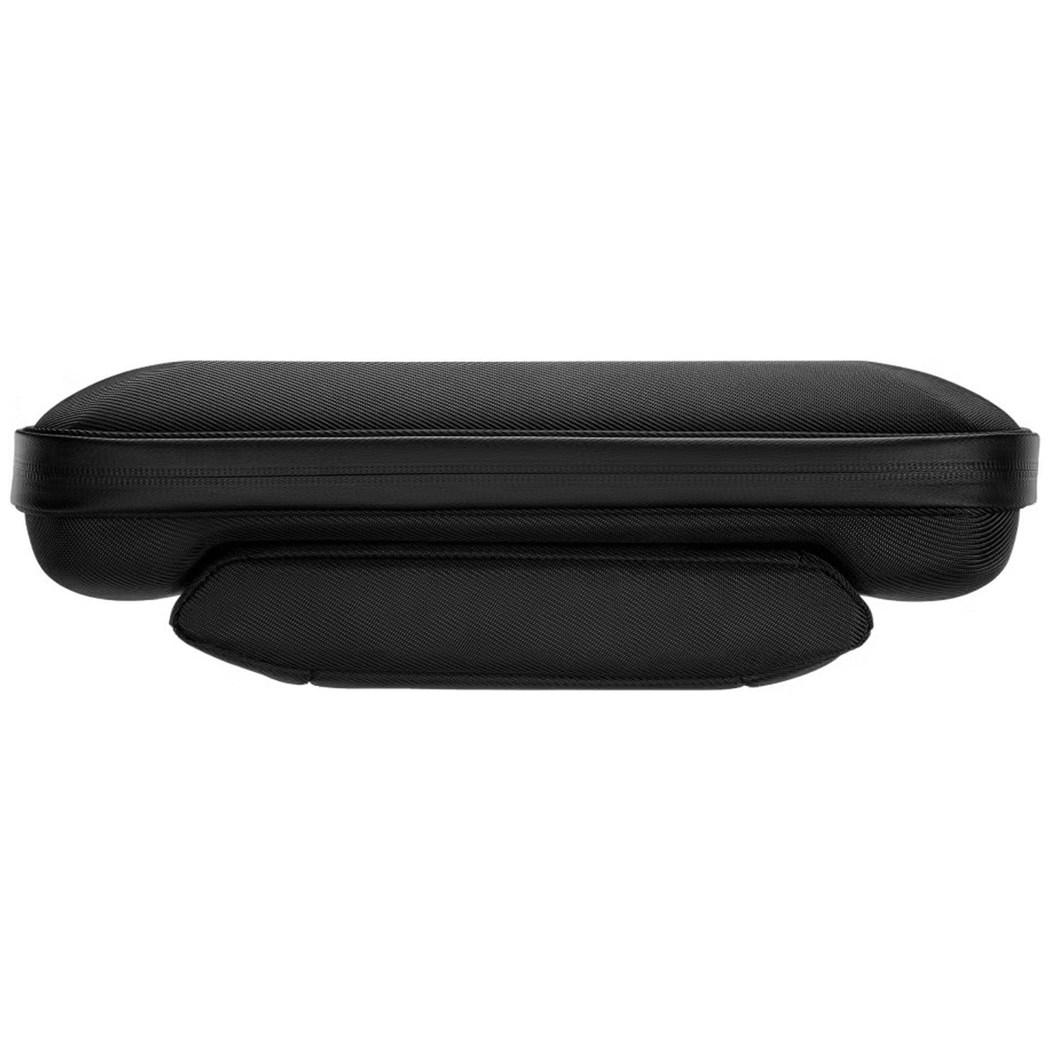 Black textured case with zipper and handle.