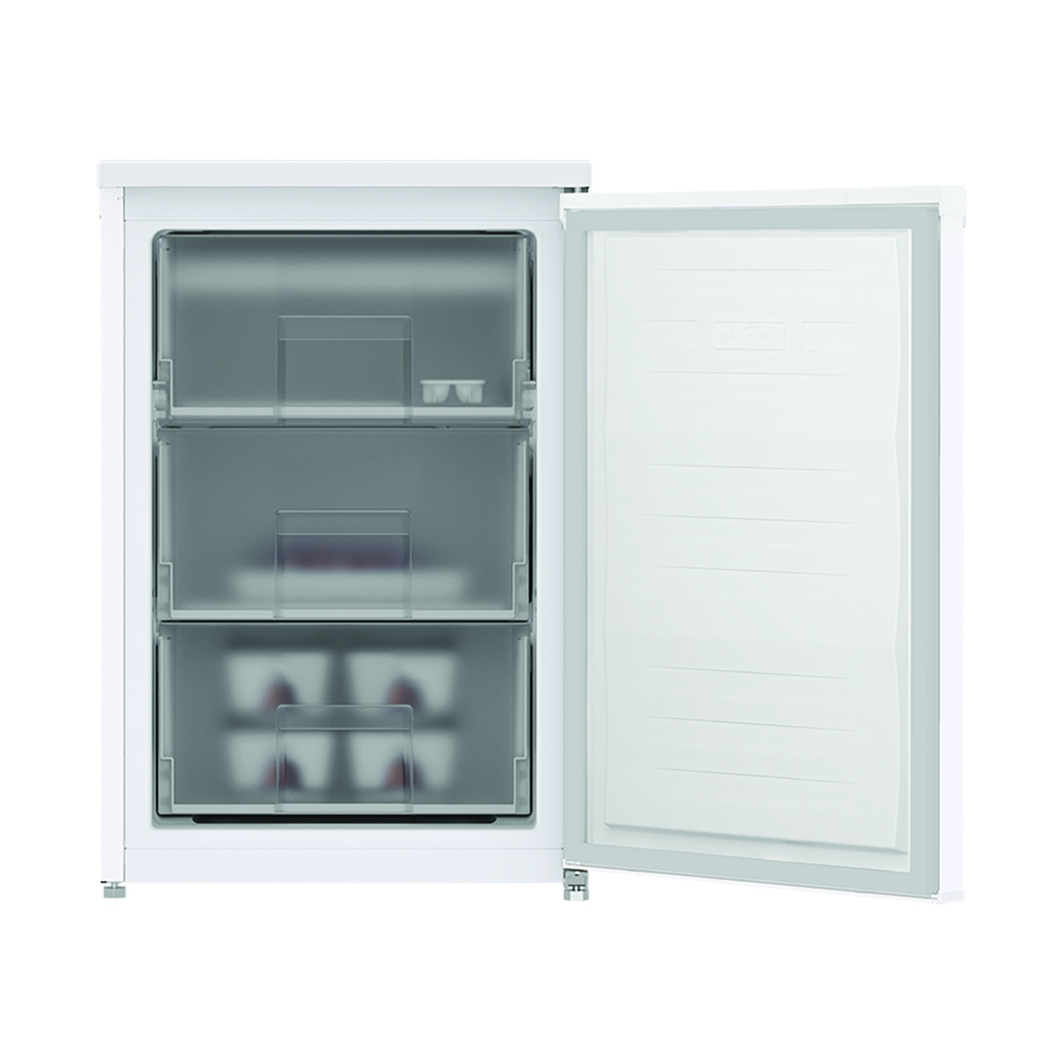 Un congelatore bianco con porta aperta, tre cassetti visibili all'interno.