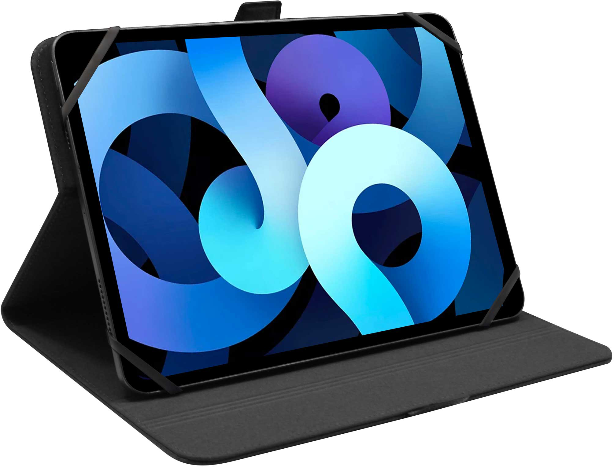 Fekete tablet fekete tokban, kék absztrakt háttérrel.