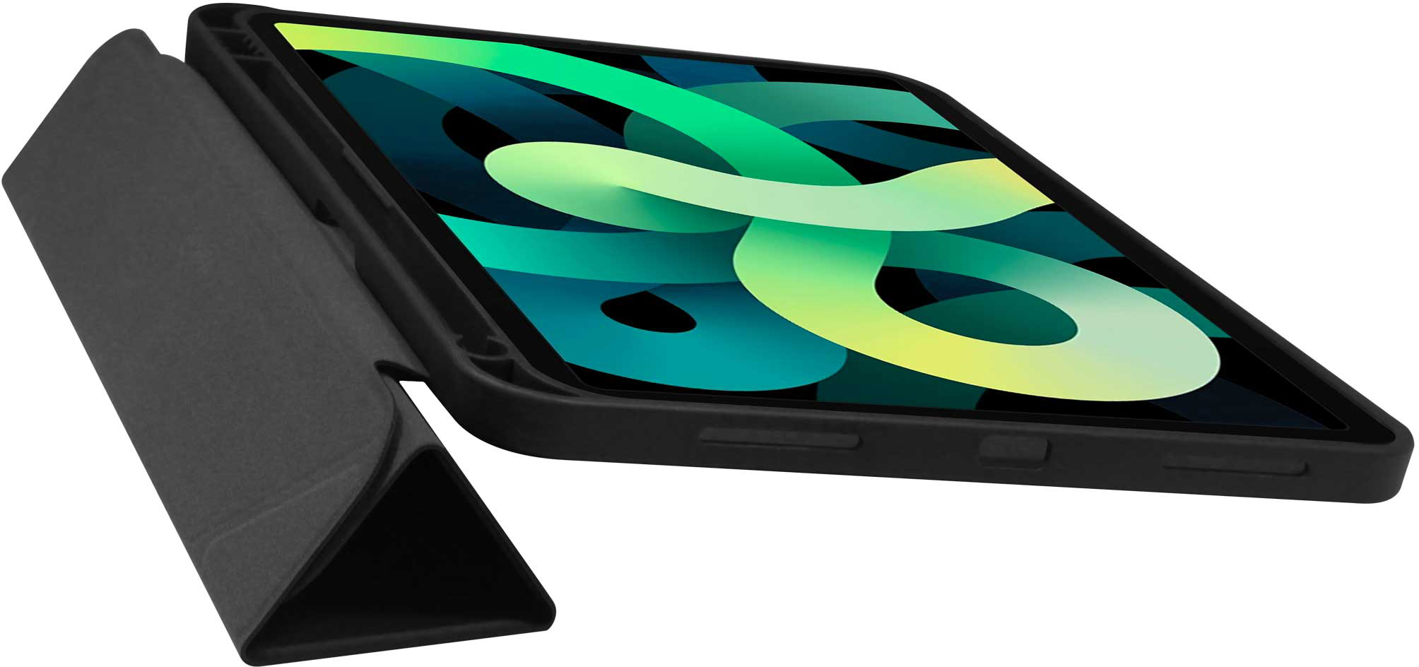 Egy fekete tablet nyitott tokkal. A képernyő zöld és kék mintát jelenít meg.