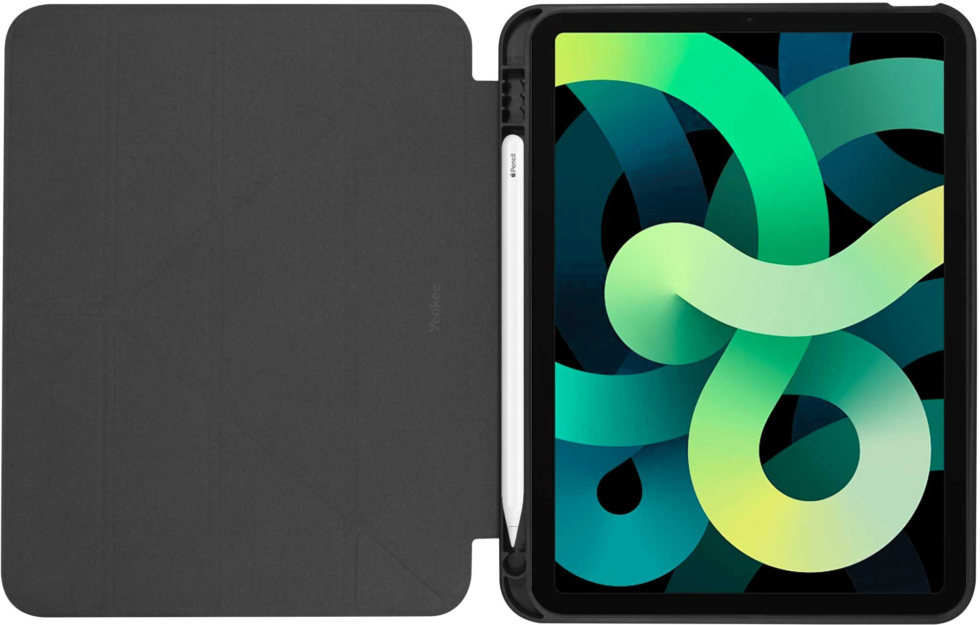 Egy fekete tablet, mellette egy ceruzával és védőtokkal.