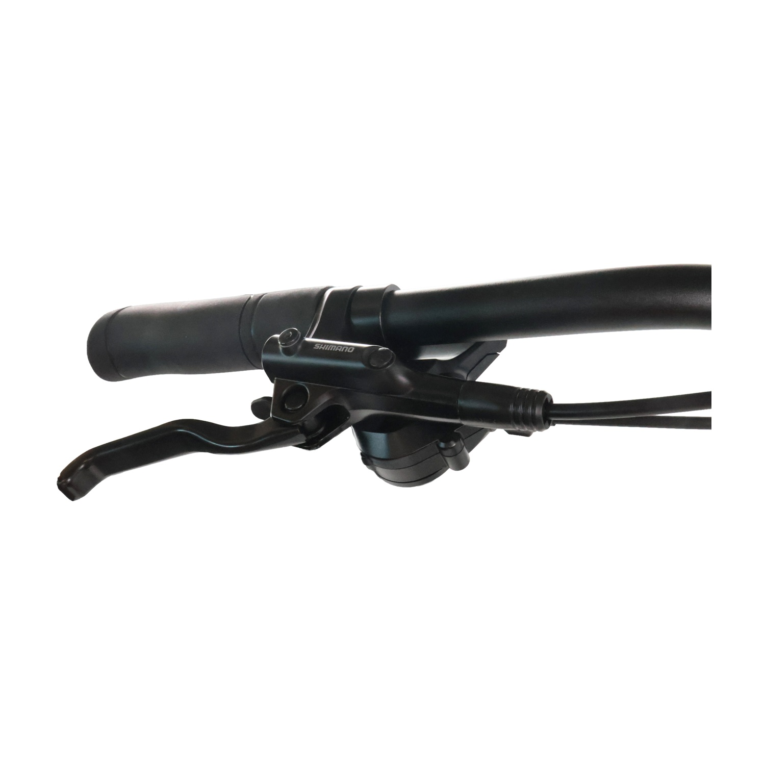 Manubrio bicicletta nero con impugnatura, leva freno e cambio.