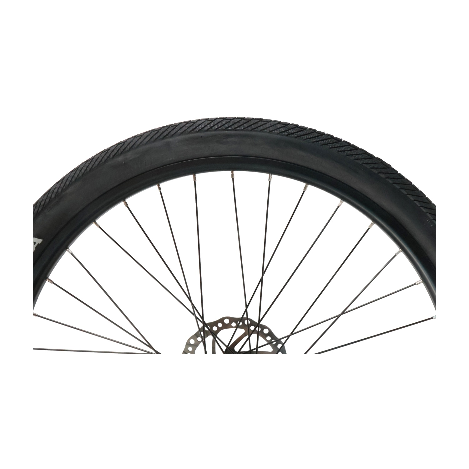 Primo piano di una ruota di bicicletta con copertone nero, raggi e freno a disco.