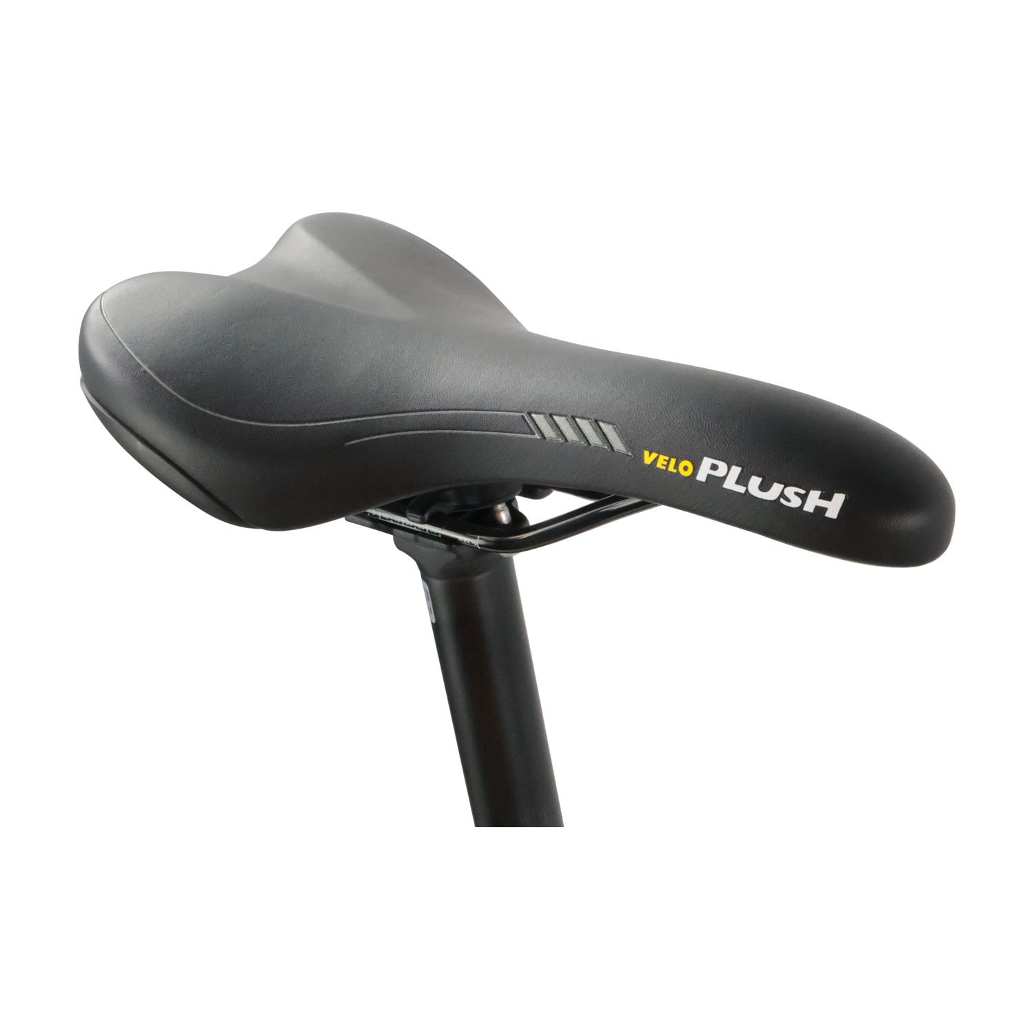 Sella da bicicletta nera con scritta gialla 'VELO PLUSH'.