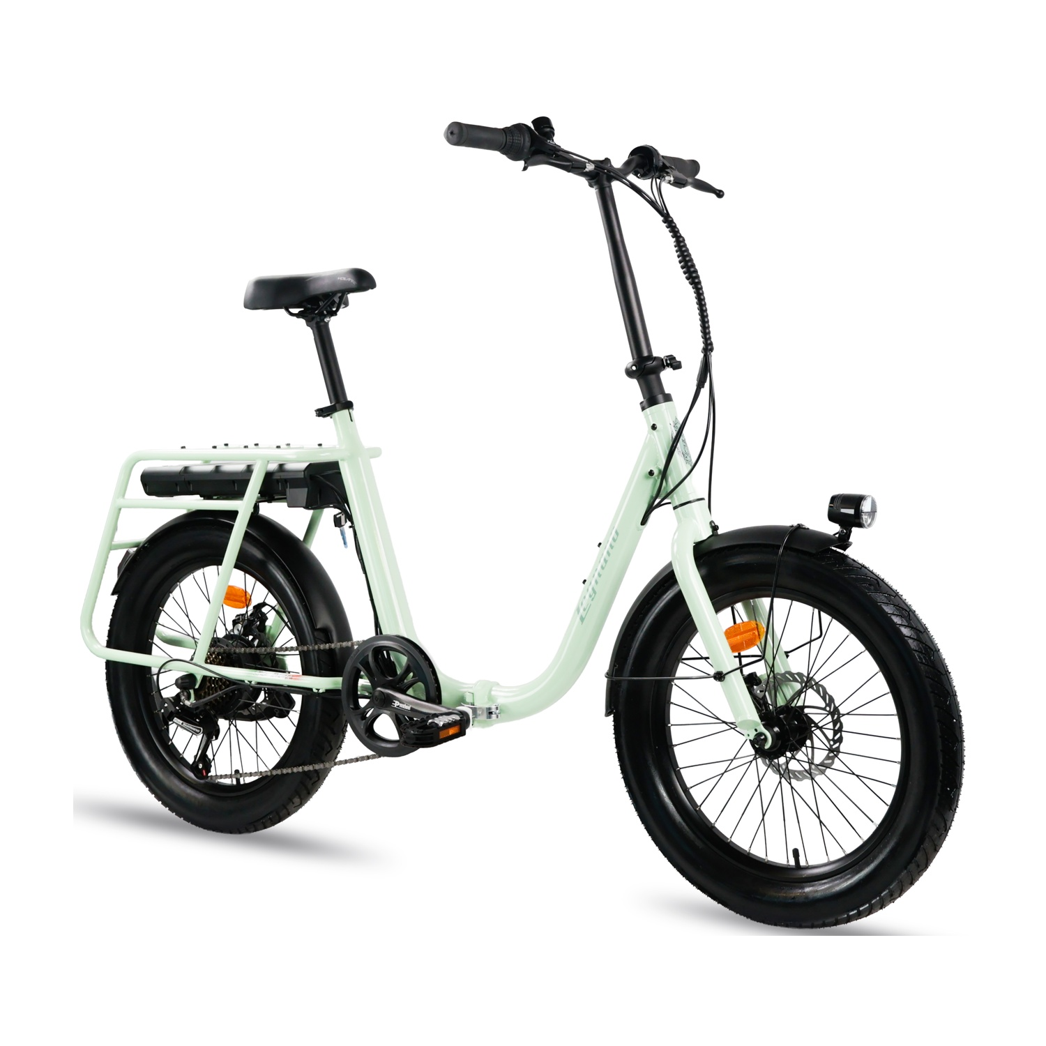 Bici elettrica verde chiaro con portapacchi e gomme larghe.