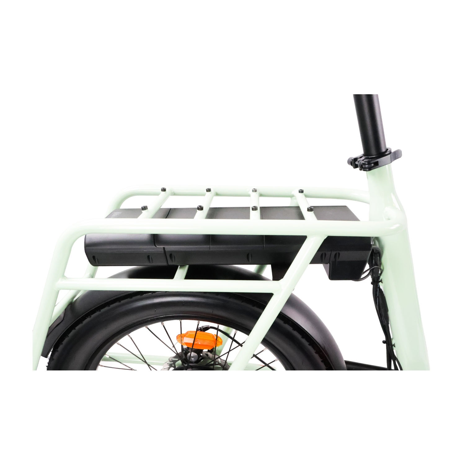 Parte posteriore bici verde chiaro con portapacchi, parafango nero e ruota.